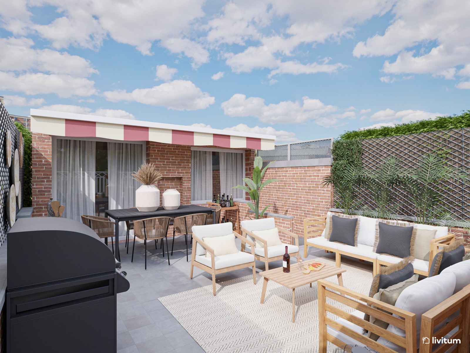 Terraza con amplia zona de sofás, comedor y barbacoa