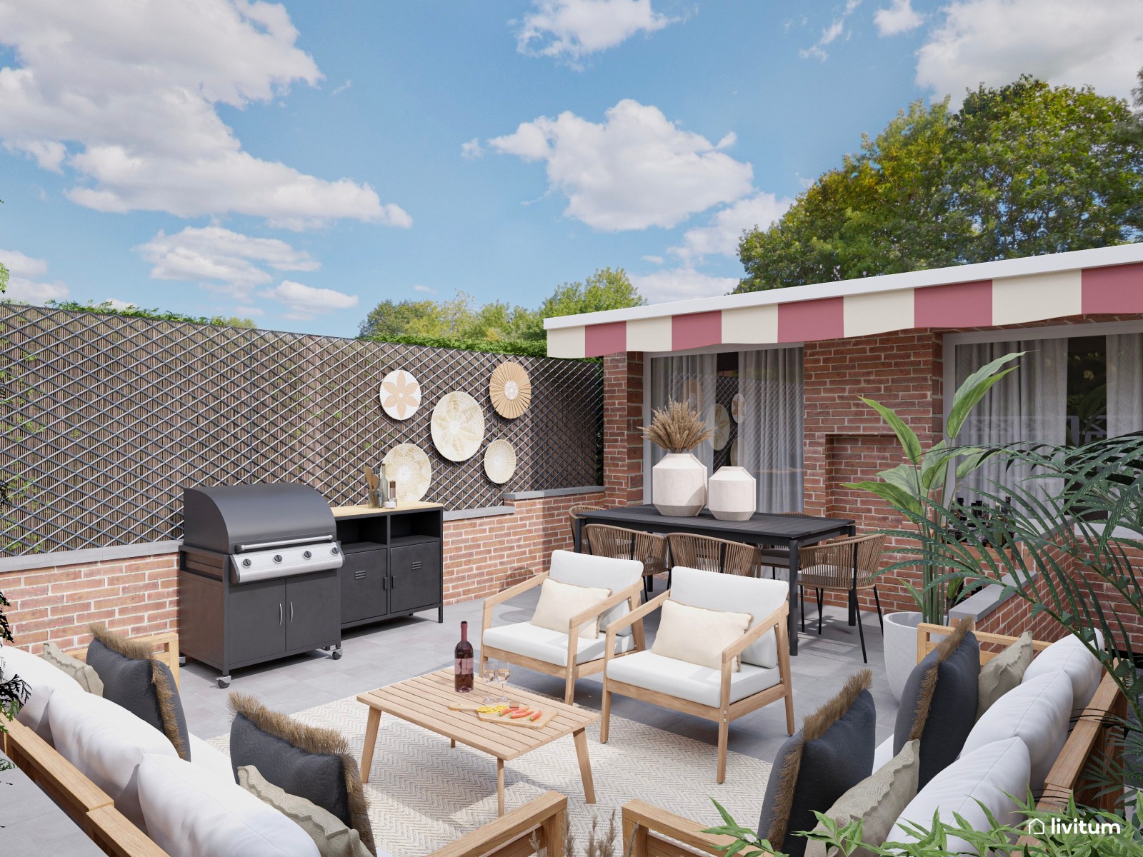 Terraza con amplia zona de sofás, comedor y barbacoa