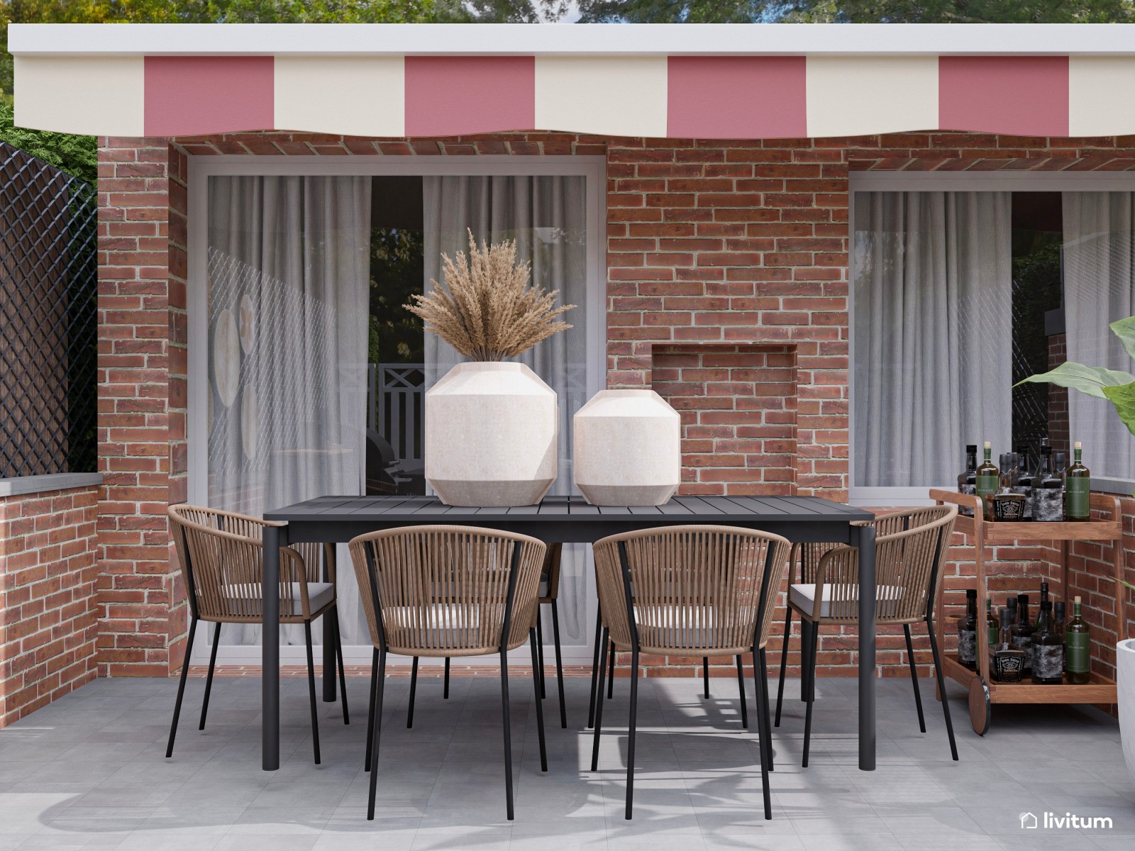 Terraza con amplia zona de sofás, comedor y barbacoa