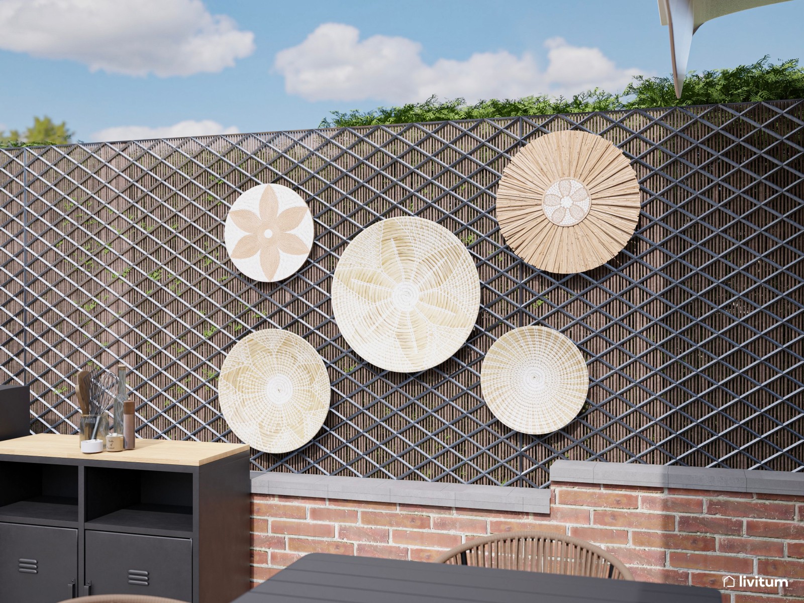 Terraza con amplia zona de sofás, comedor y barbacoa