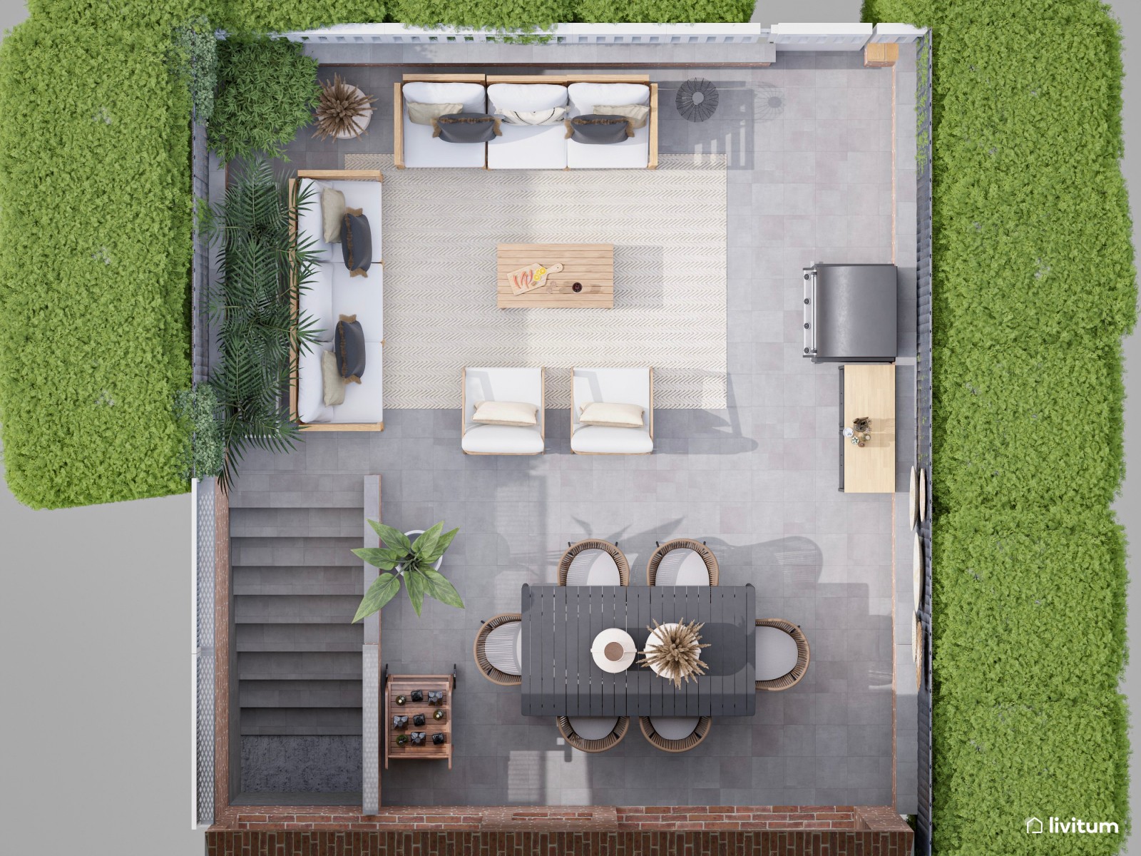 Terraza con amplia zona de sofás, comedor y barbacoa