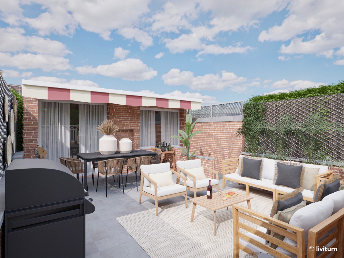 Terraza con amplia zona de sofás, comedor y barbacoa