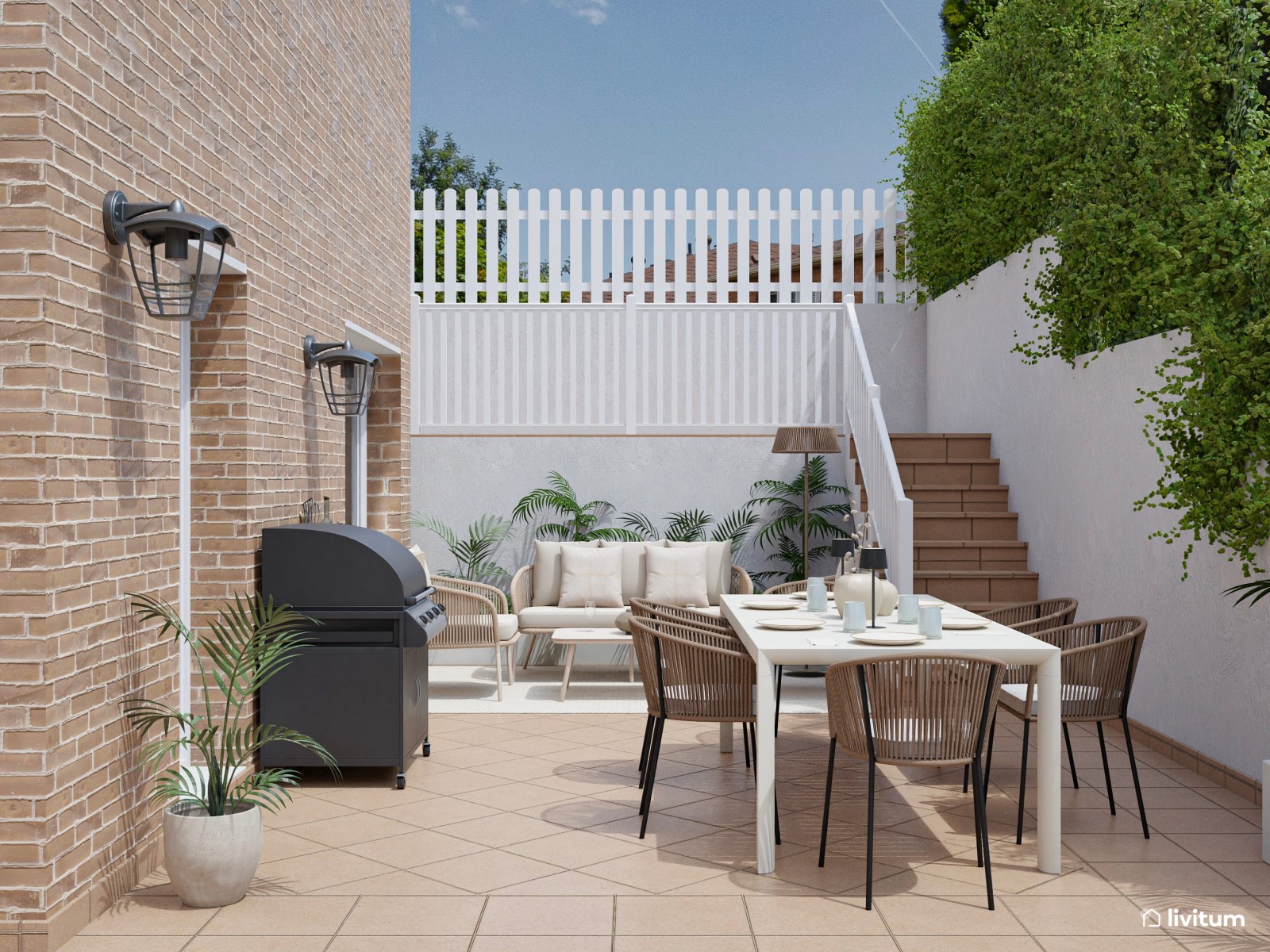 Terraza con amplio comedor, salón exterior y barbacoa