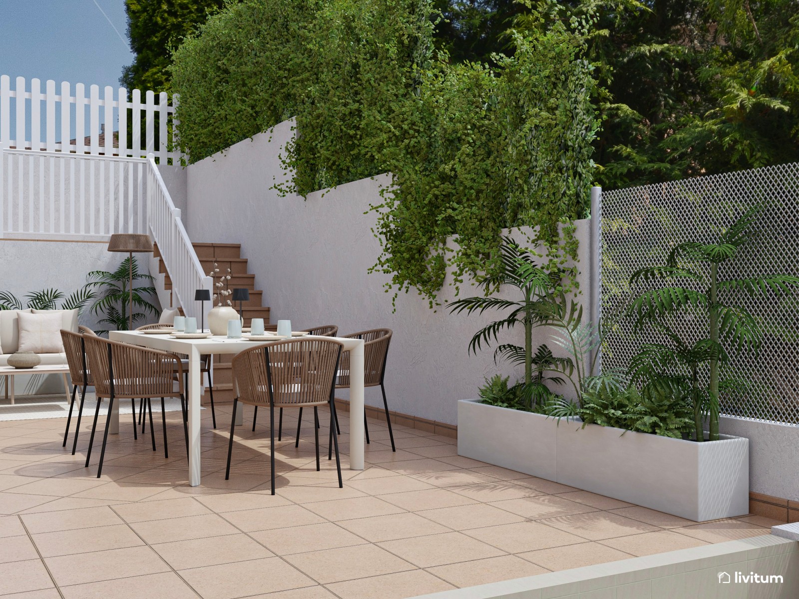 Terraza con amplio comedor, salón exterior y barbacoa