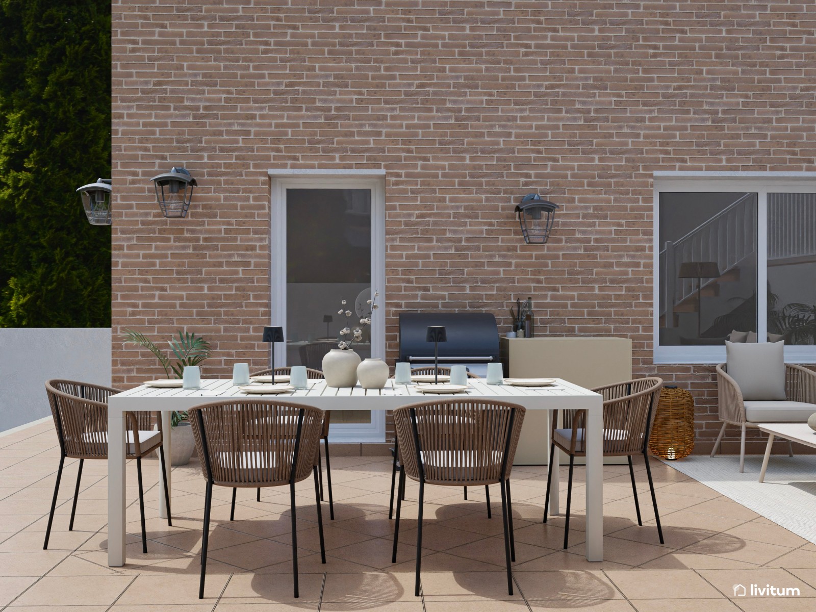 Terraza con amplio comedor, salón exterior y barbacoa