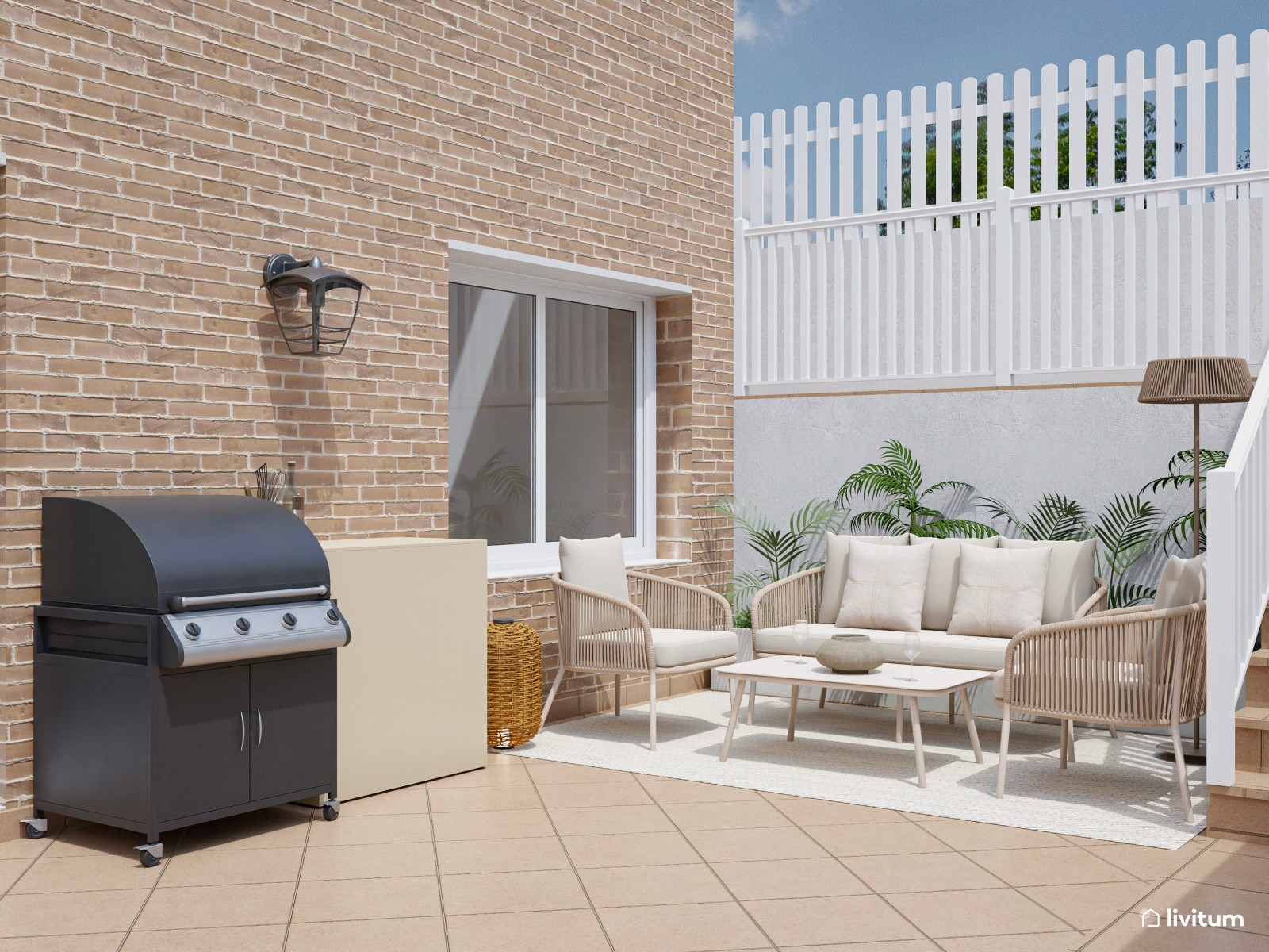 Terraza con amplio comedor, salón exterior y barbacoa