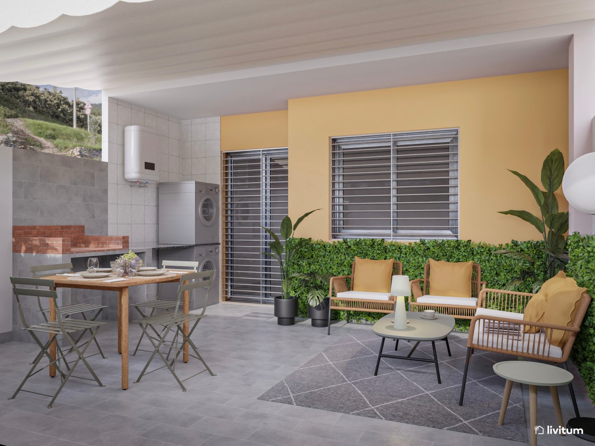 Terraza con salón y comedor con zona de barbacoa