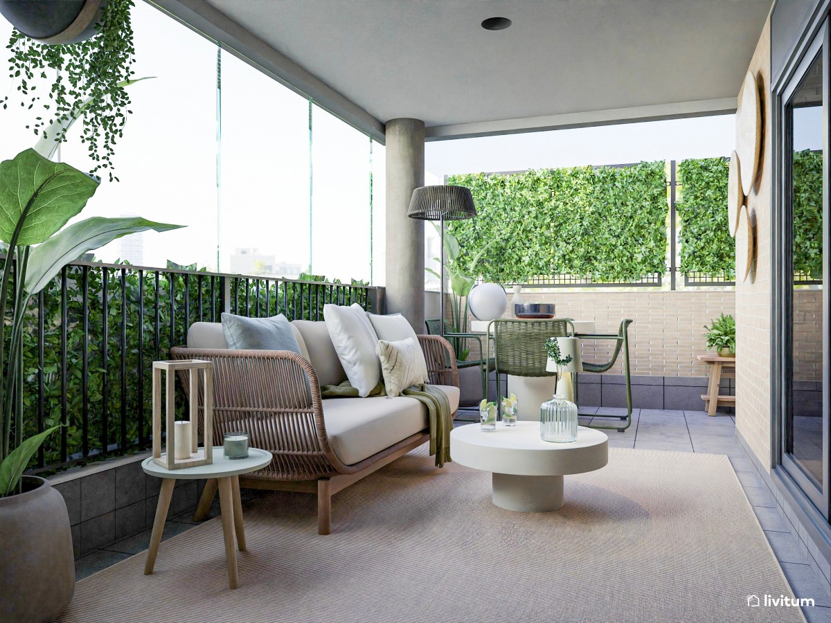 Terraza con zona de descanso, comedor y barbacoa