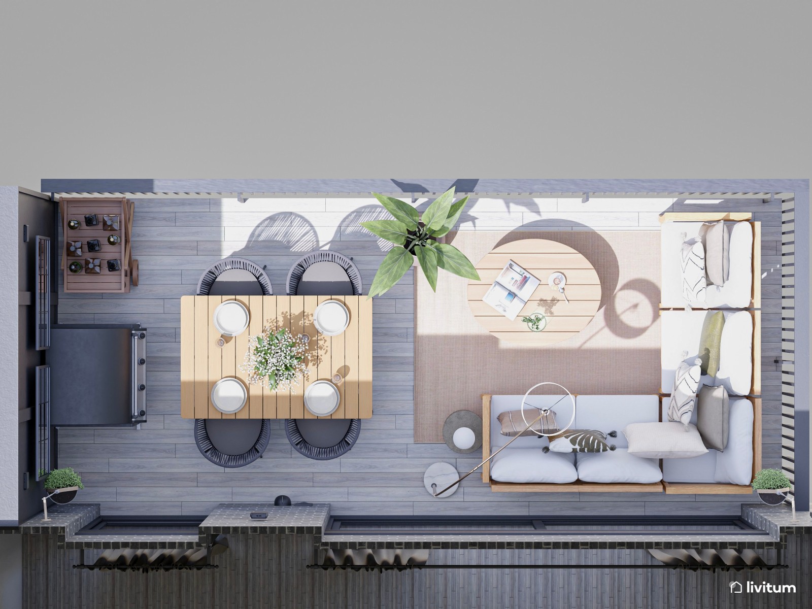 Terraza con zona de descanso y comedor muy bien aprovechada