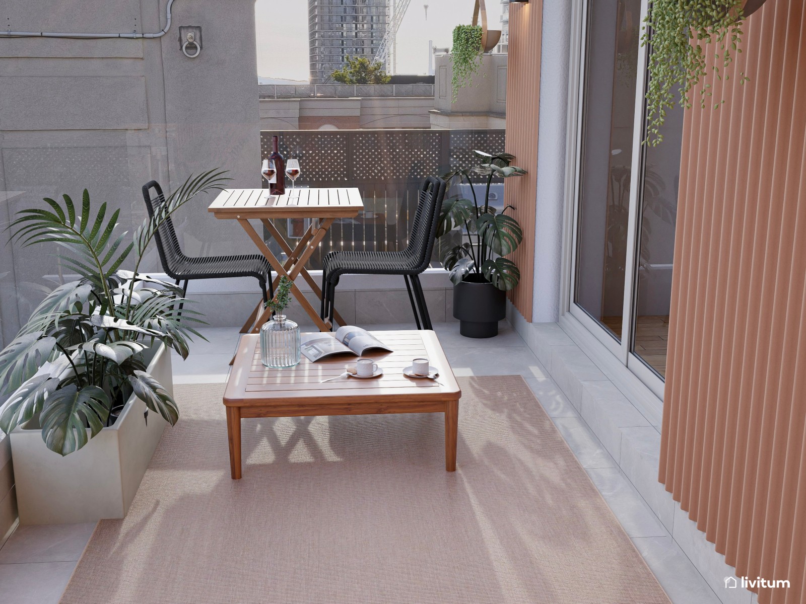 Terraza con zona de descanso y pequeño comedor