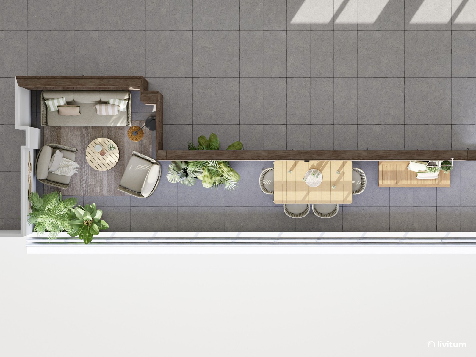 Terraza con zona de salón y comedor exterior