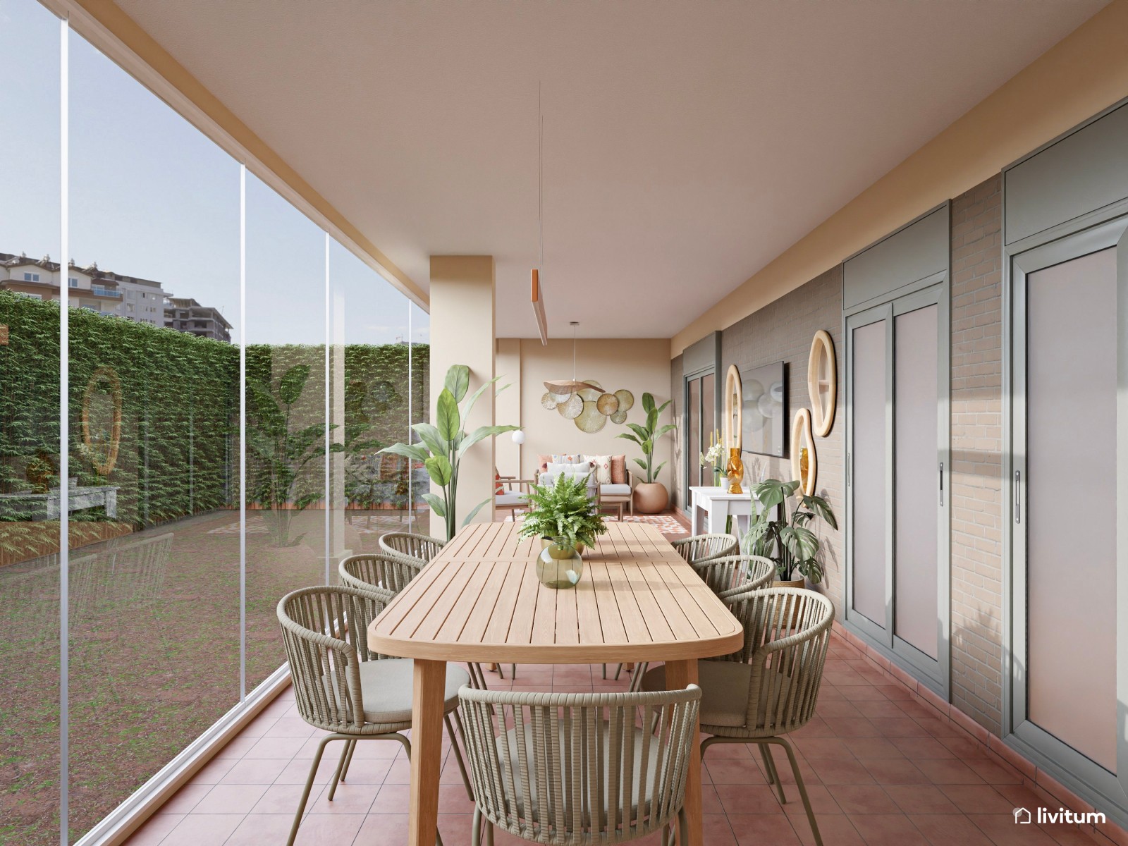 Terraza cubierta con zona de descanso y comedor