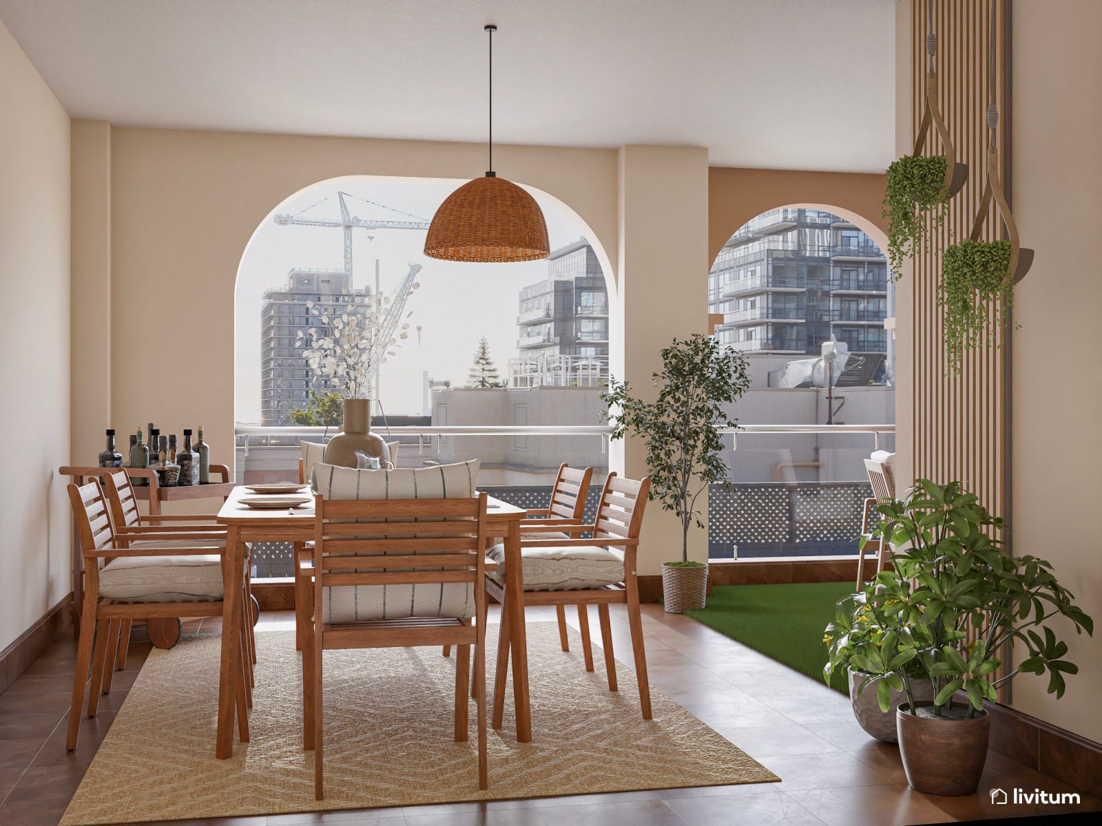 Terraza cubierta con zona de salón y comedor de estilo nórdico