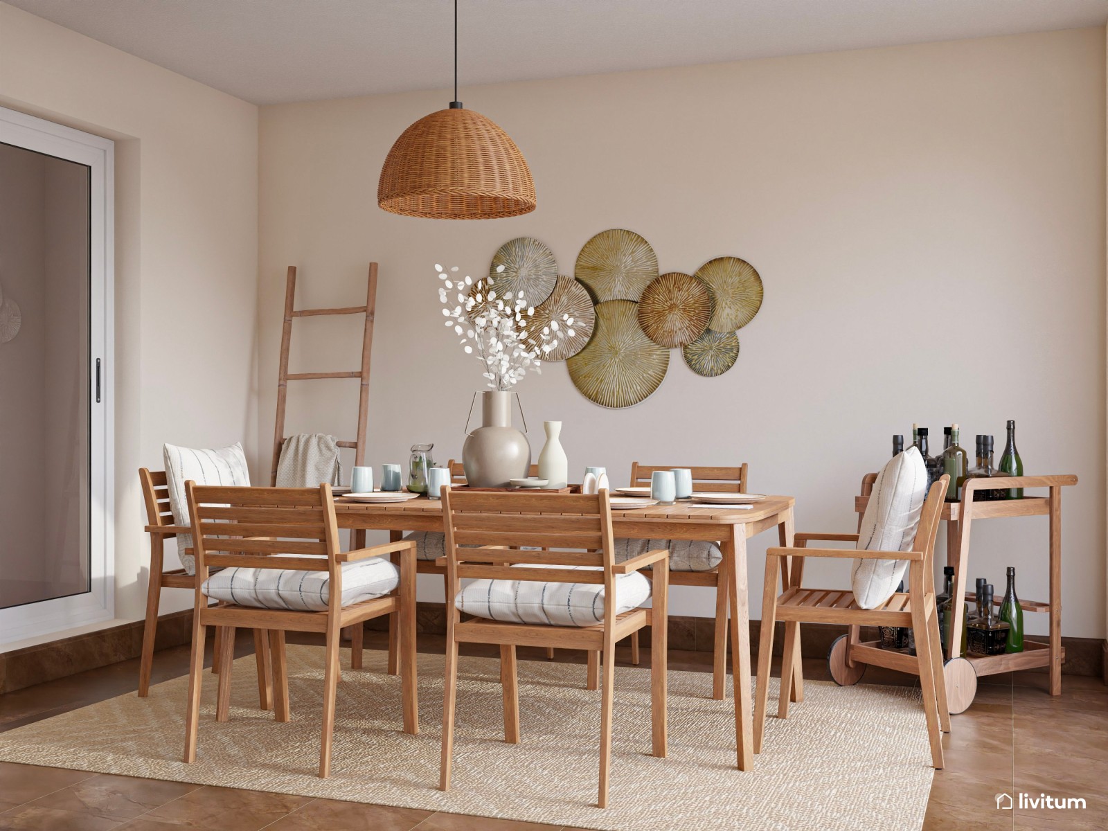 Terraza cubierta con zona de salón y comedor de estilo nórdico