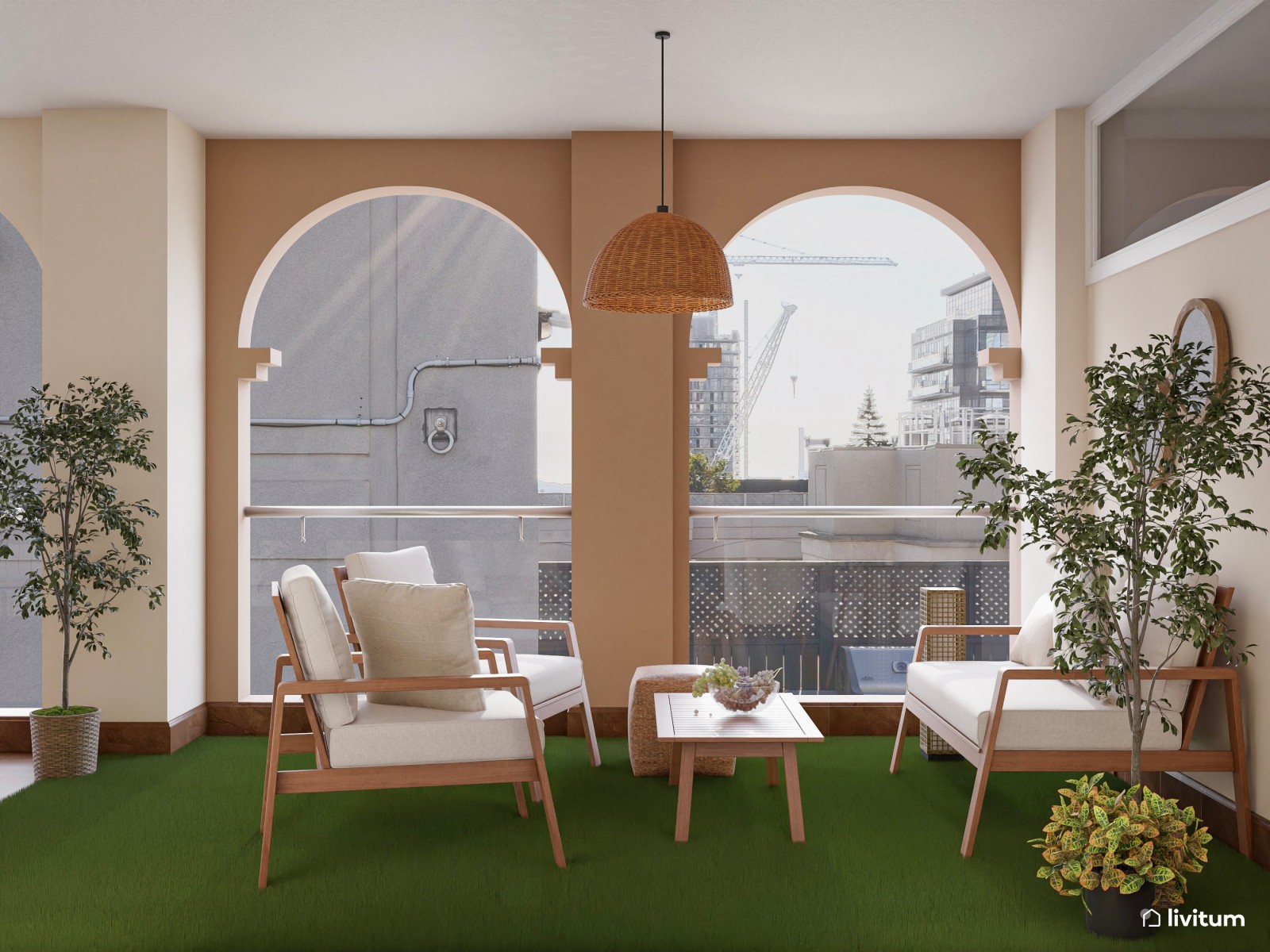 Terraza cubierta con zona de salón y comedor de estilo nórdico