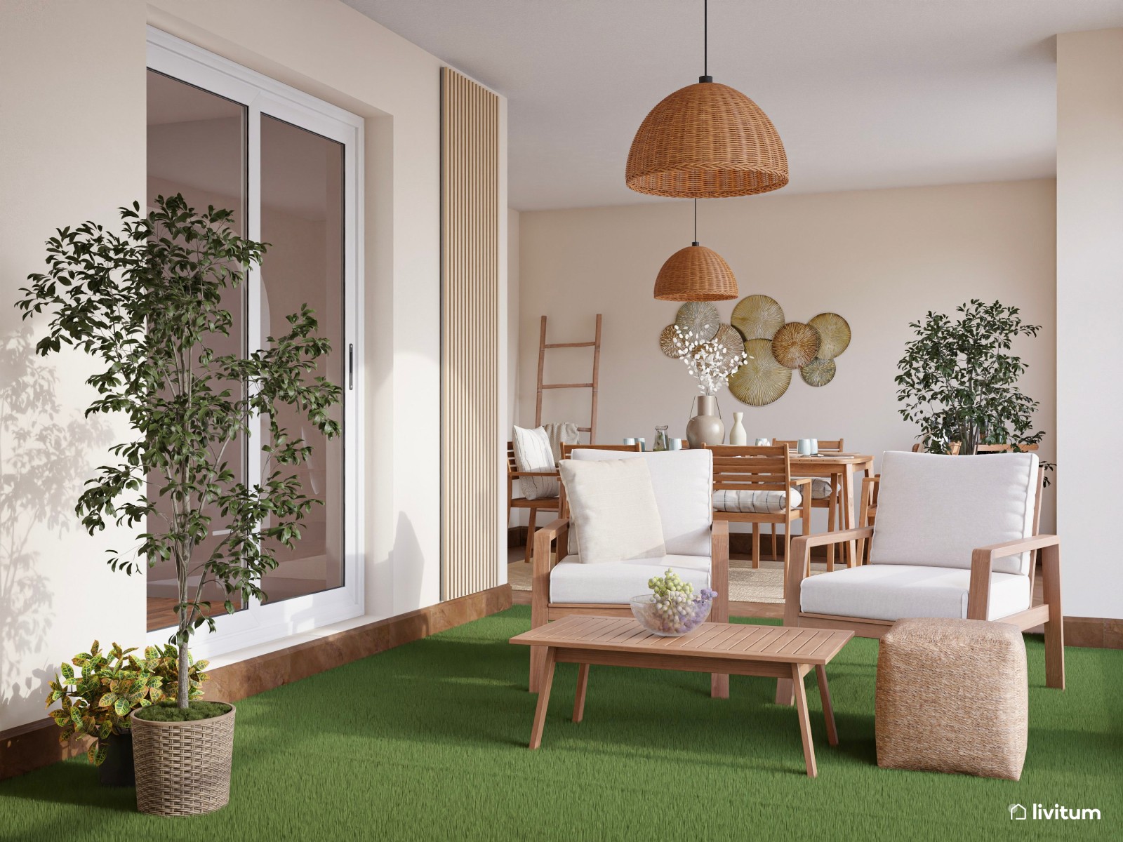 Terraza cubierta con zona de salón y comedor de estilo nórdico