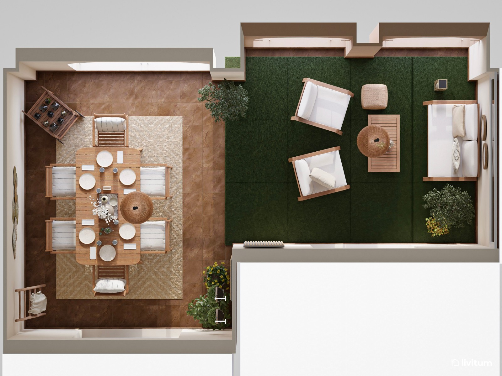 Terraza cubierta con zona de salón y comedor de estilo nórdico