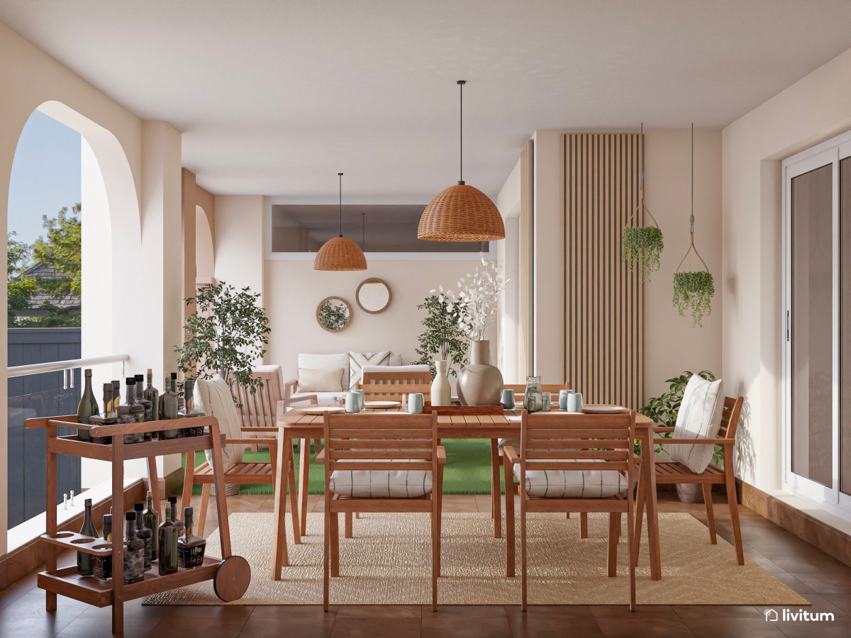 Terraza cubierta con zona de salón y comedor de estilo nórdico