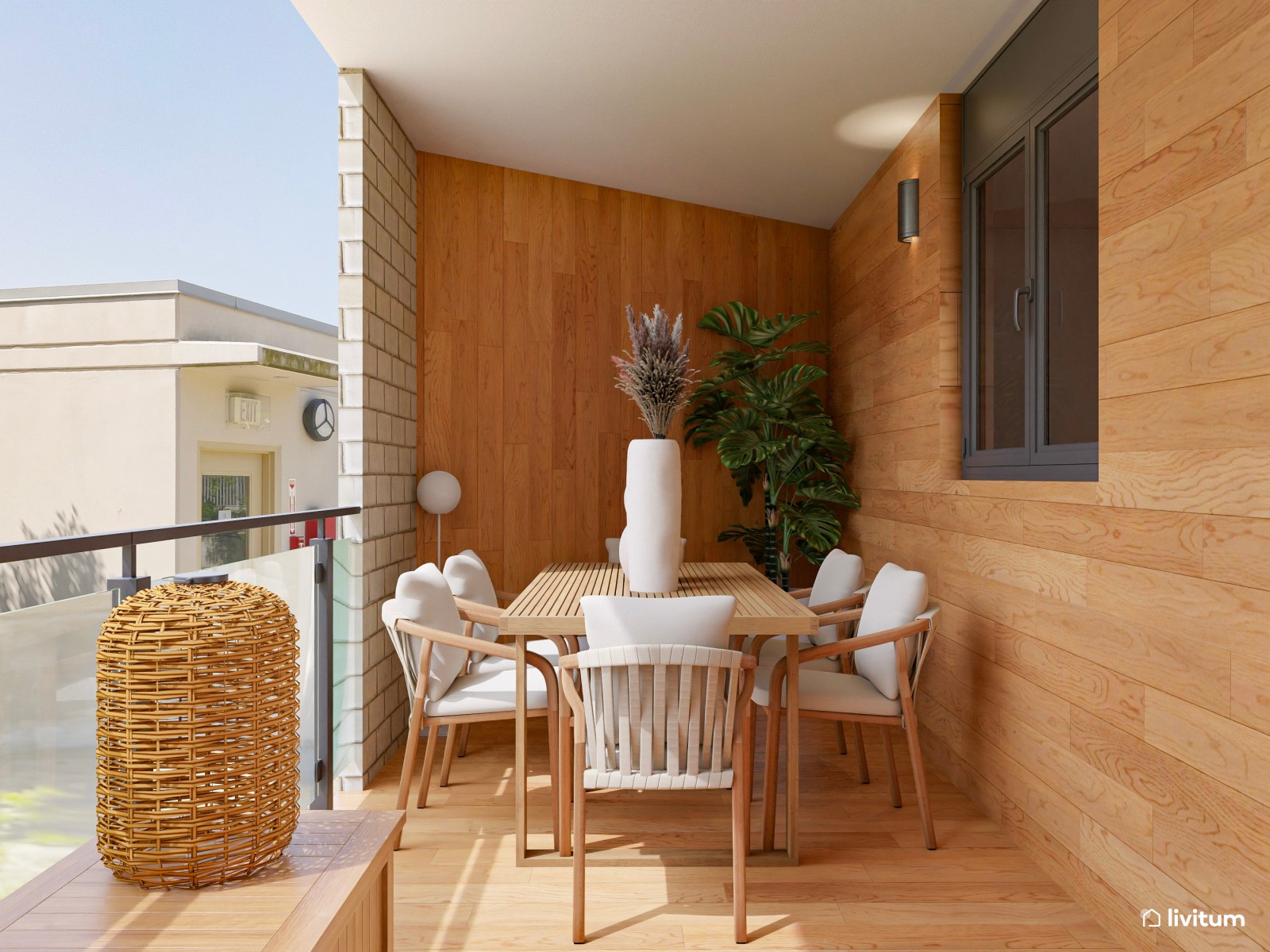 Terraza de estilo natural con revestimiento de madera, chill out y comedor exterior
