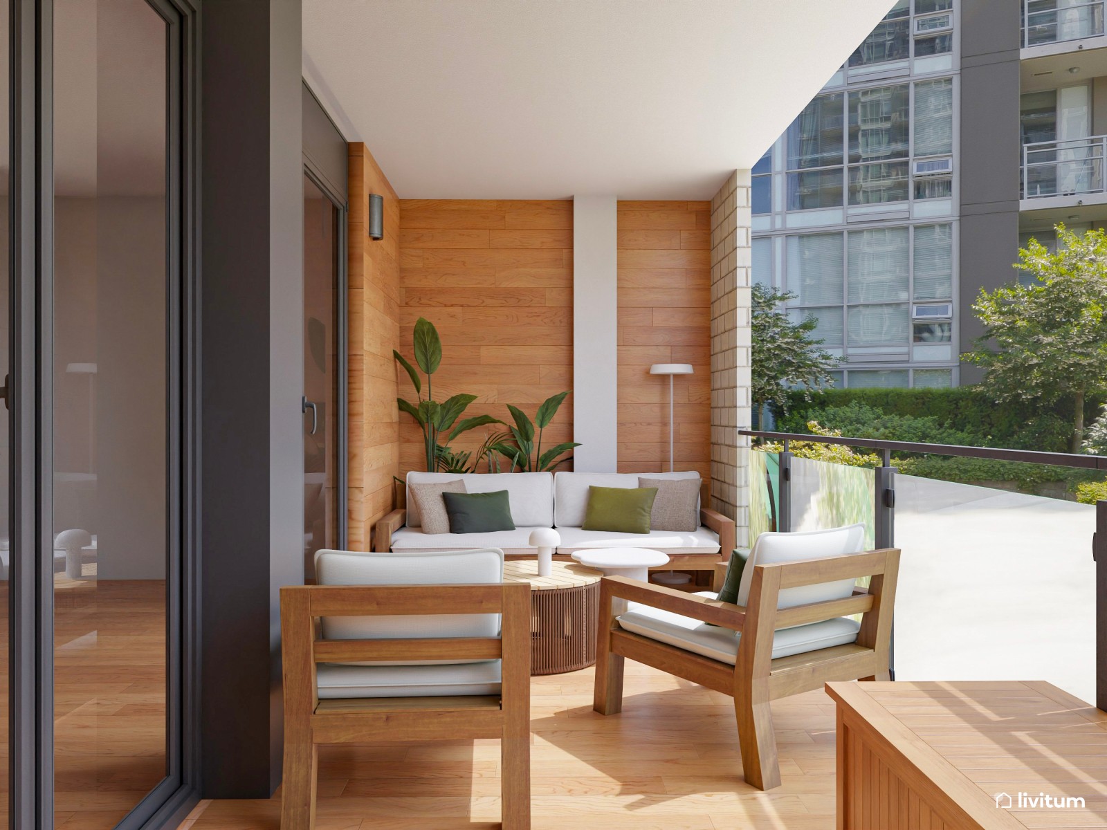 Terraza de estilo natural con revestimiento de madera, chill out y comedor exterior
