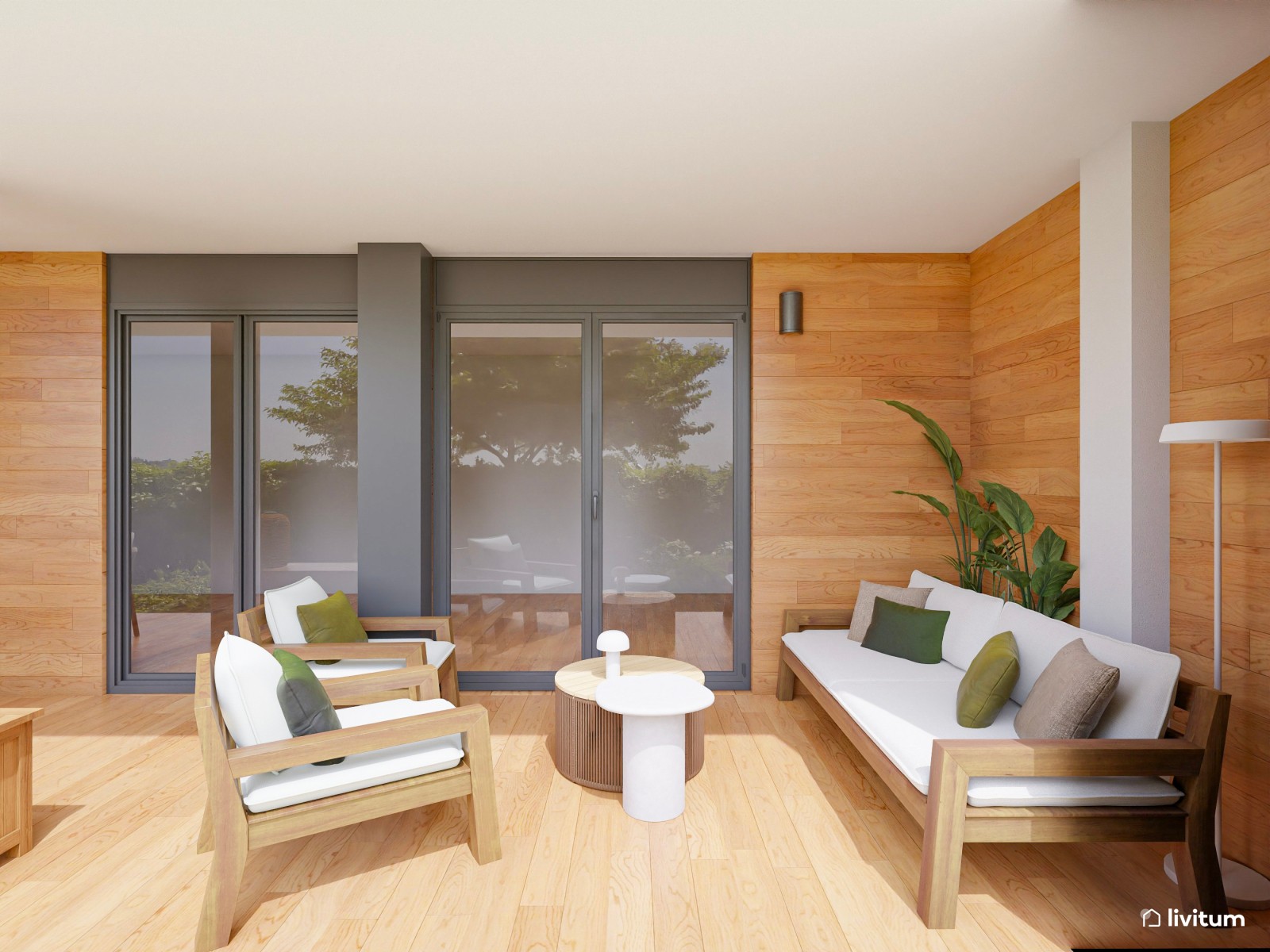 Terraza de estilo natural con revestimiento de madera, chill out y comedor exterior
