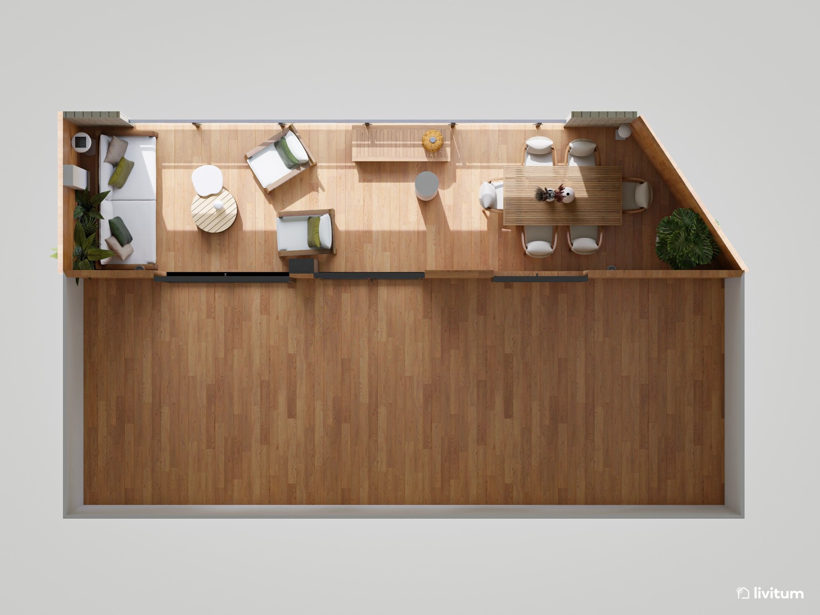 Terraza de estilo natural con revestimiento de madera, chill out y comedor exterior