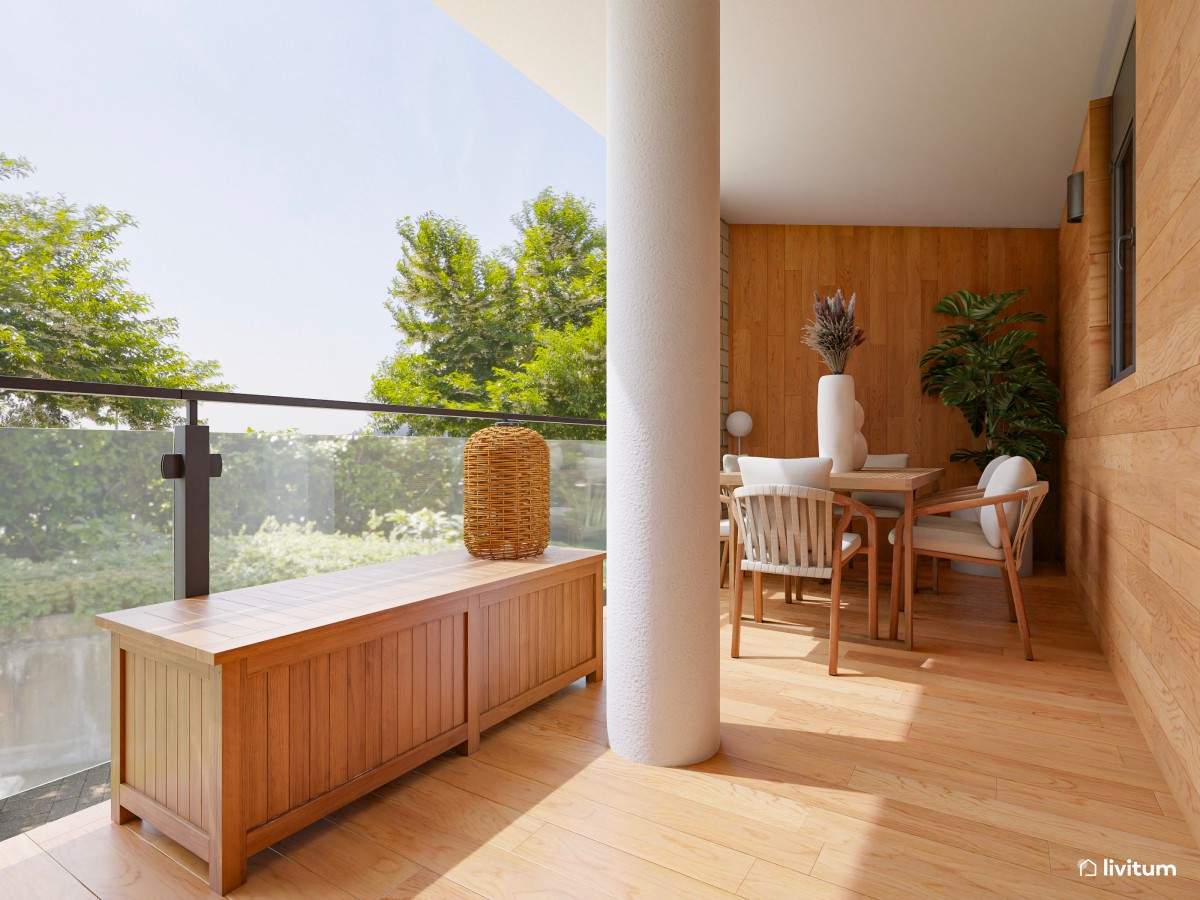 Terraza de estilo natural con revestimiento de madera, chill out y comedor exterior
