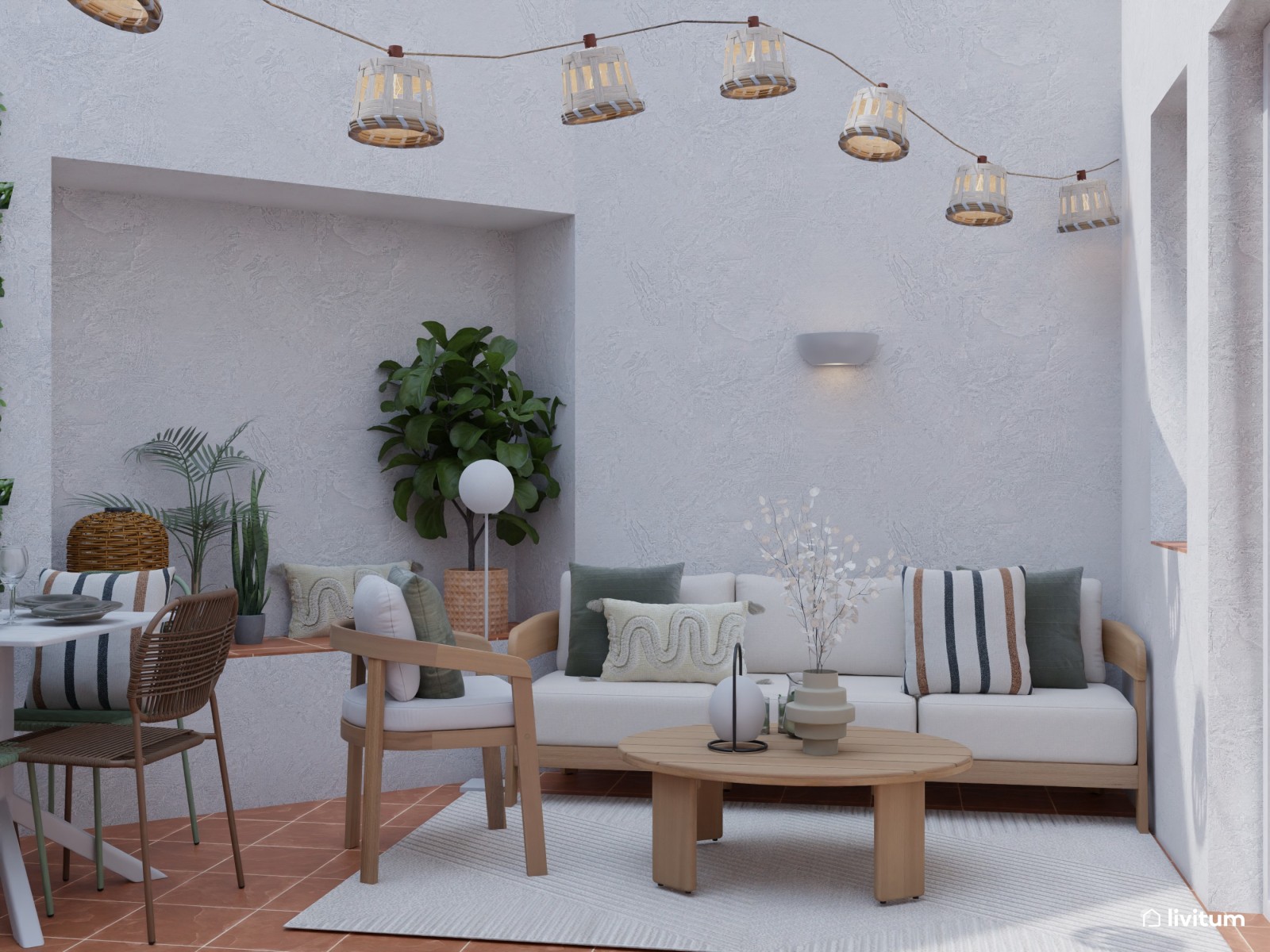 Terraza de planta irregular con salón, comedor y zona de barbacoa