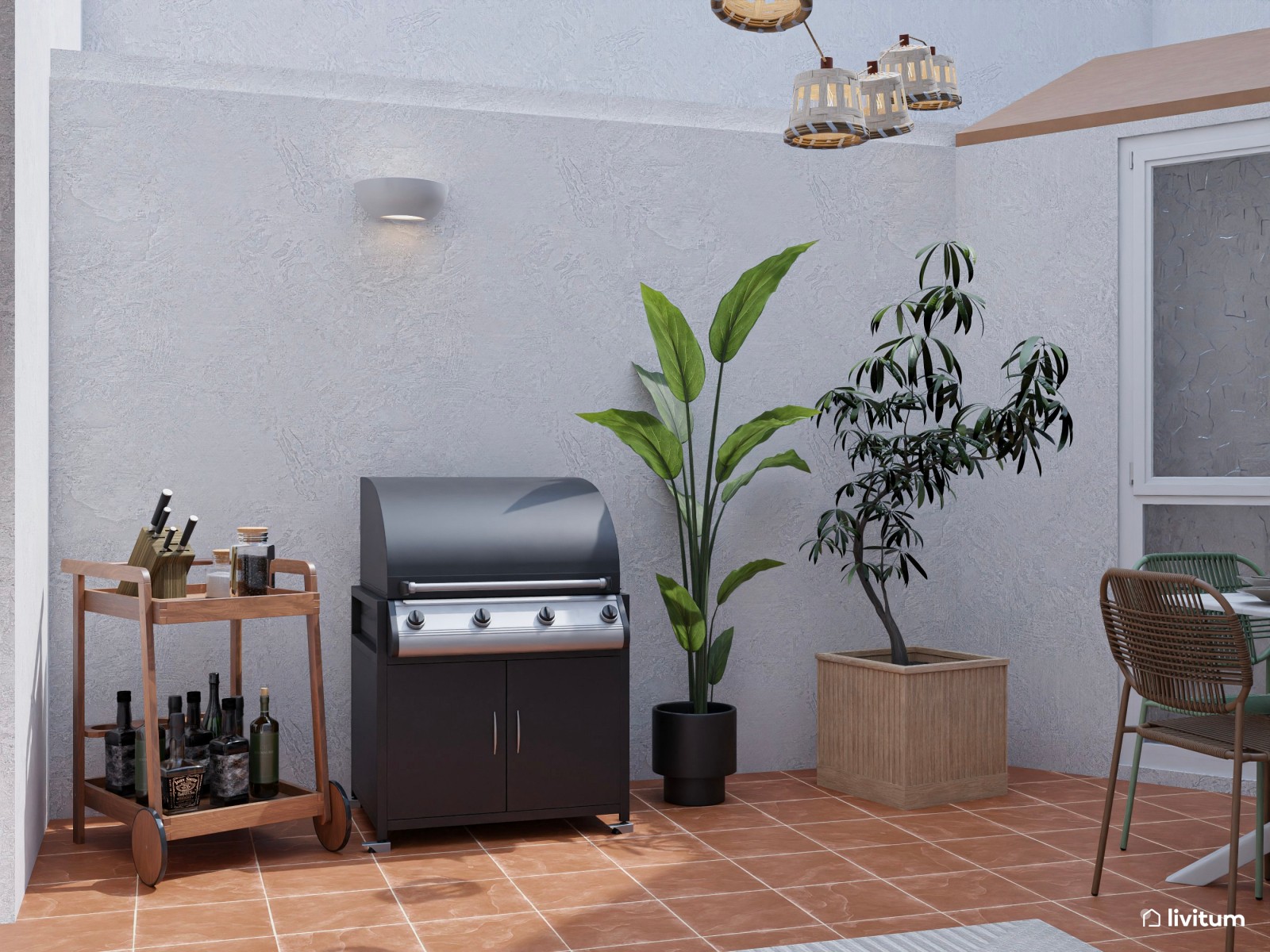 Terraza de planta irregular con salón, comedor y zona de barbacoa