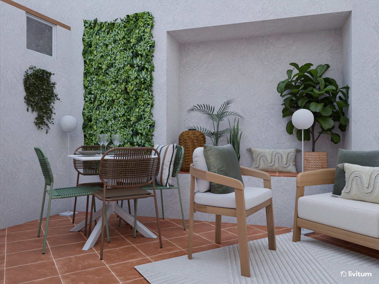 Terraza de planta irregular con salón, comedor y zona de barbacoa