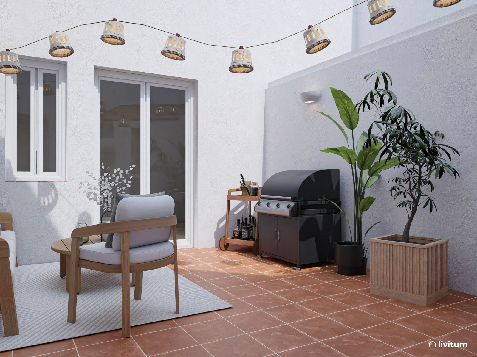 Terraza de planta irregular con salón, comedor y zona de barbacoa