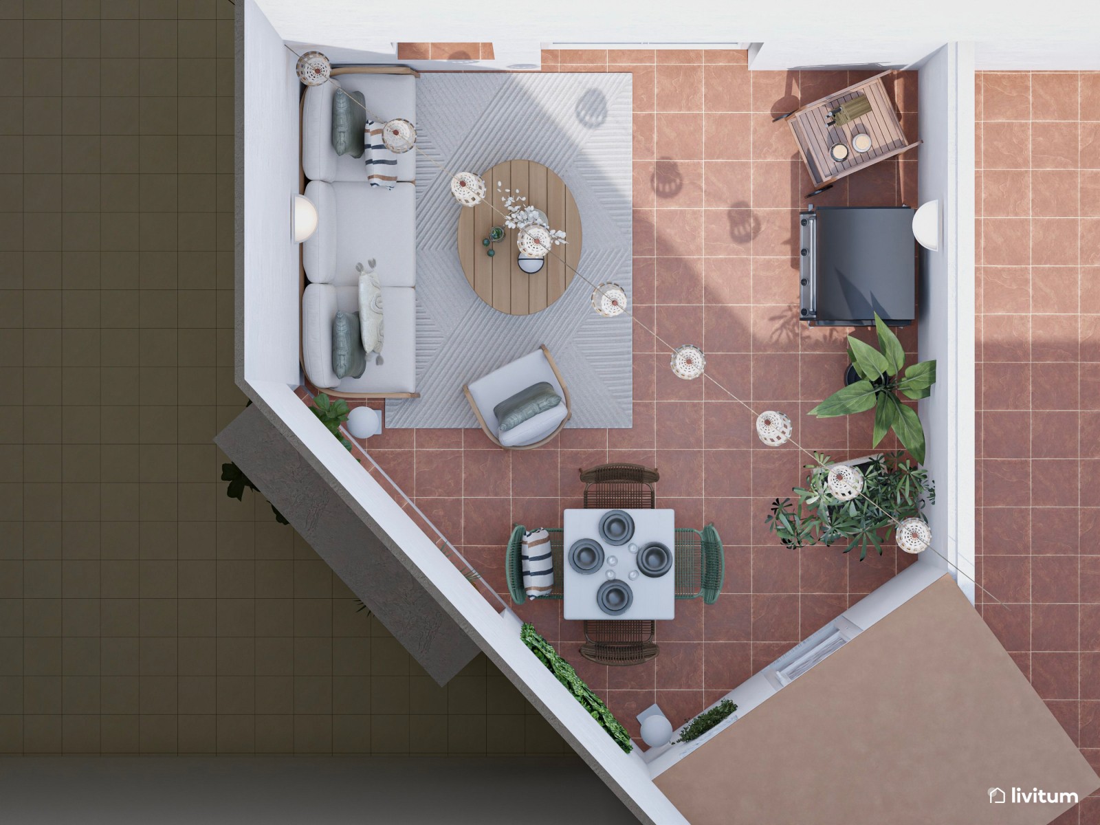 Terraza de planta irregular con salón, comedor y zona de barbacoa