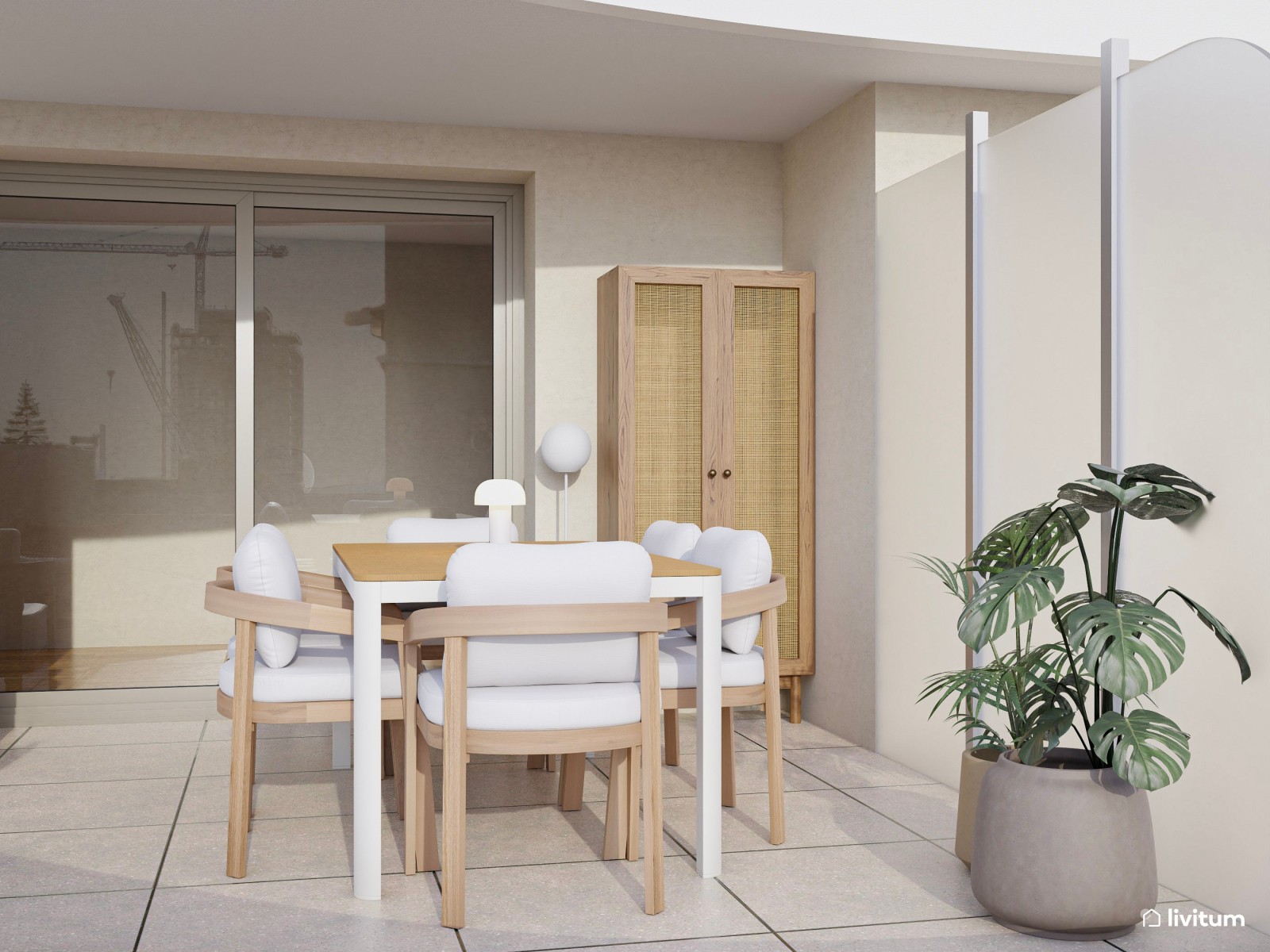 Terraza elegante diseñada con muebles en tonos claros y aires contemporáneos