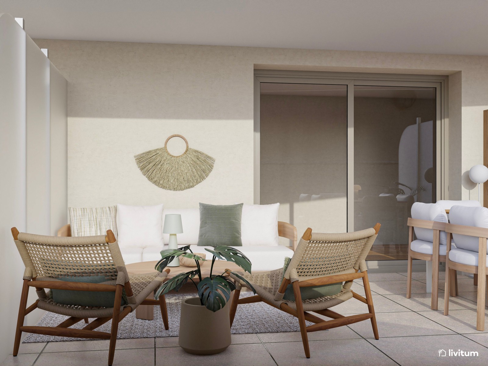 Terraza elegante diseñada con muebles en tonos claros y aires contemporáneos