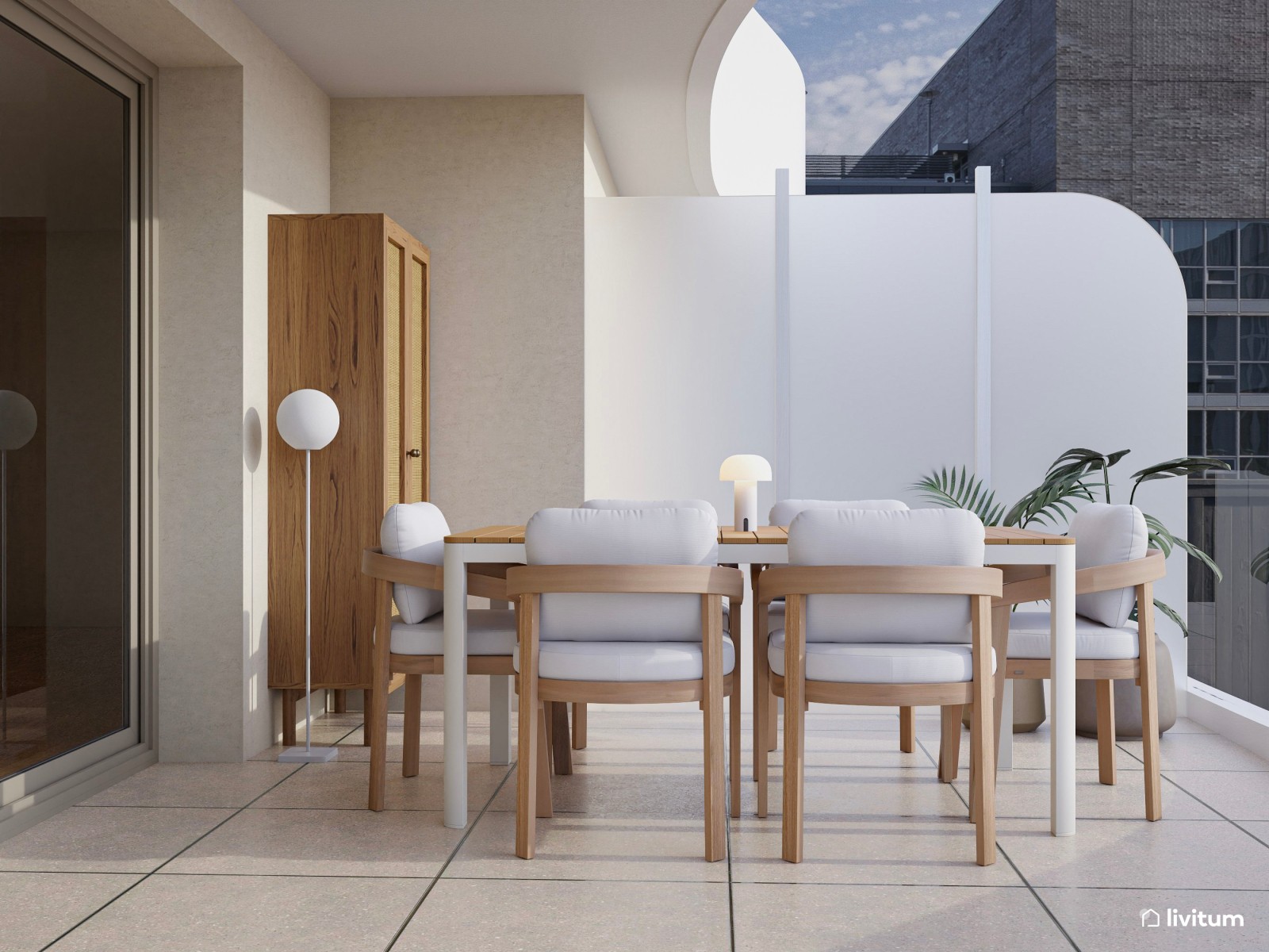 Terraza elegante diseñada con muebles en tonos claros y aires contemporáneos