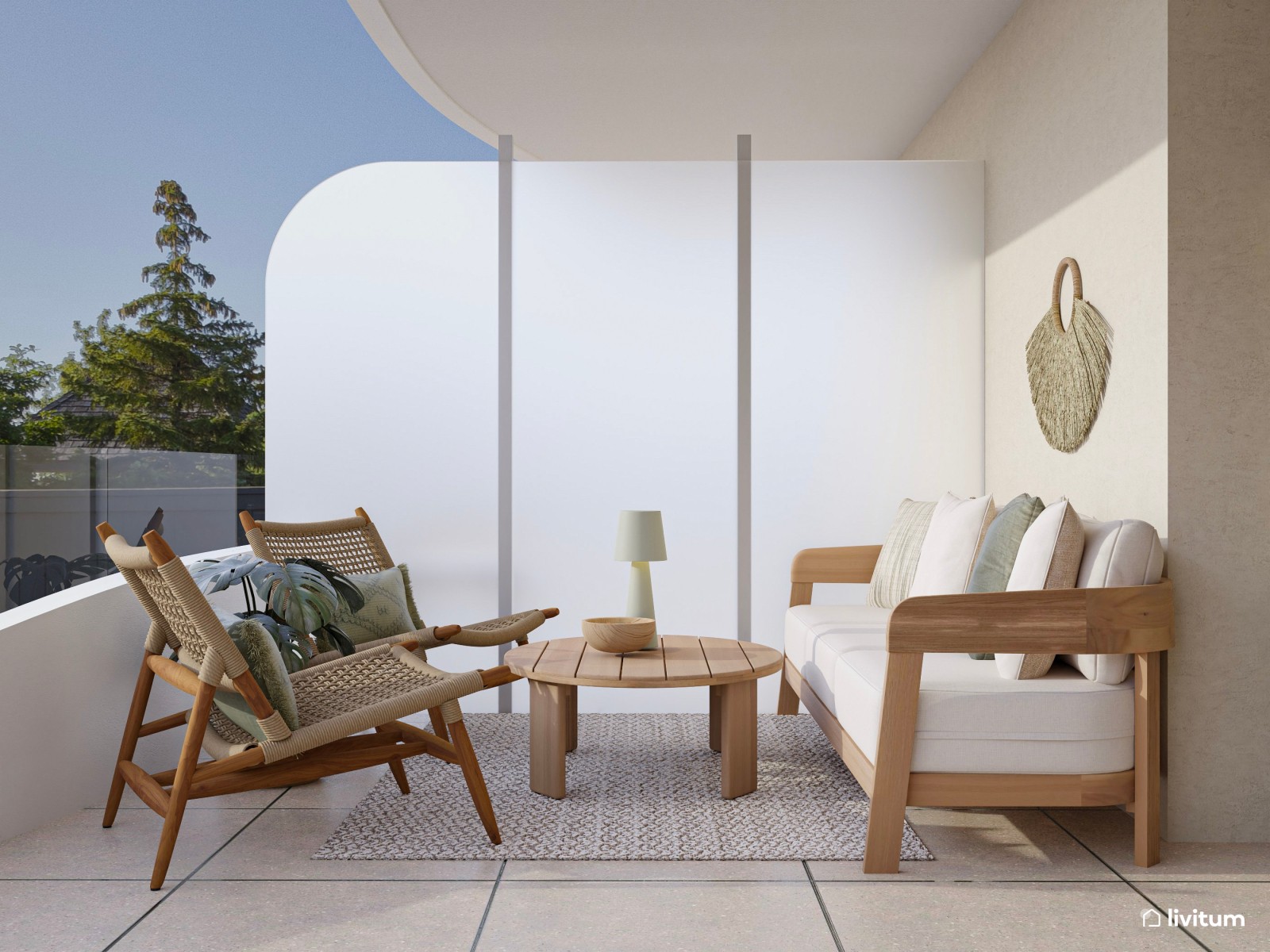 Terraza elegante diseñada con muebles en tonos claros y aires contemporáneos