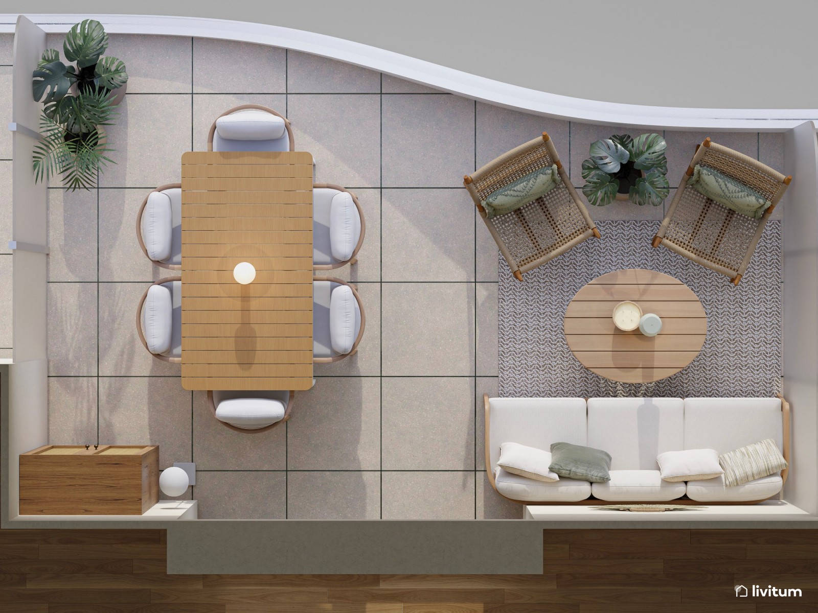 Terraza elegante diseñada con muebles en tonos claros y aires contemporáneos