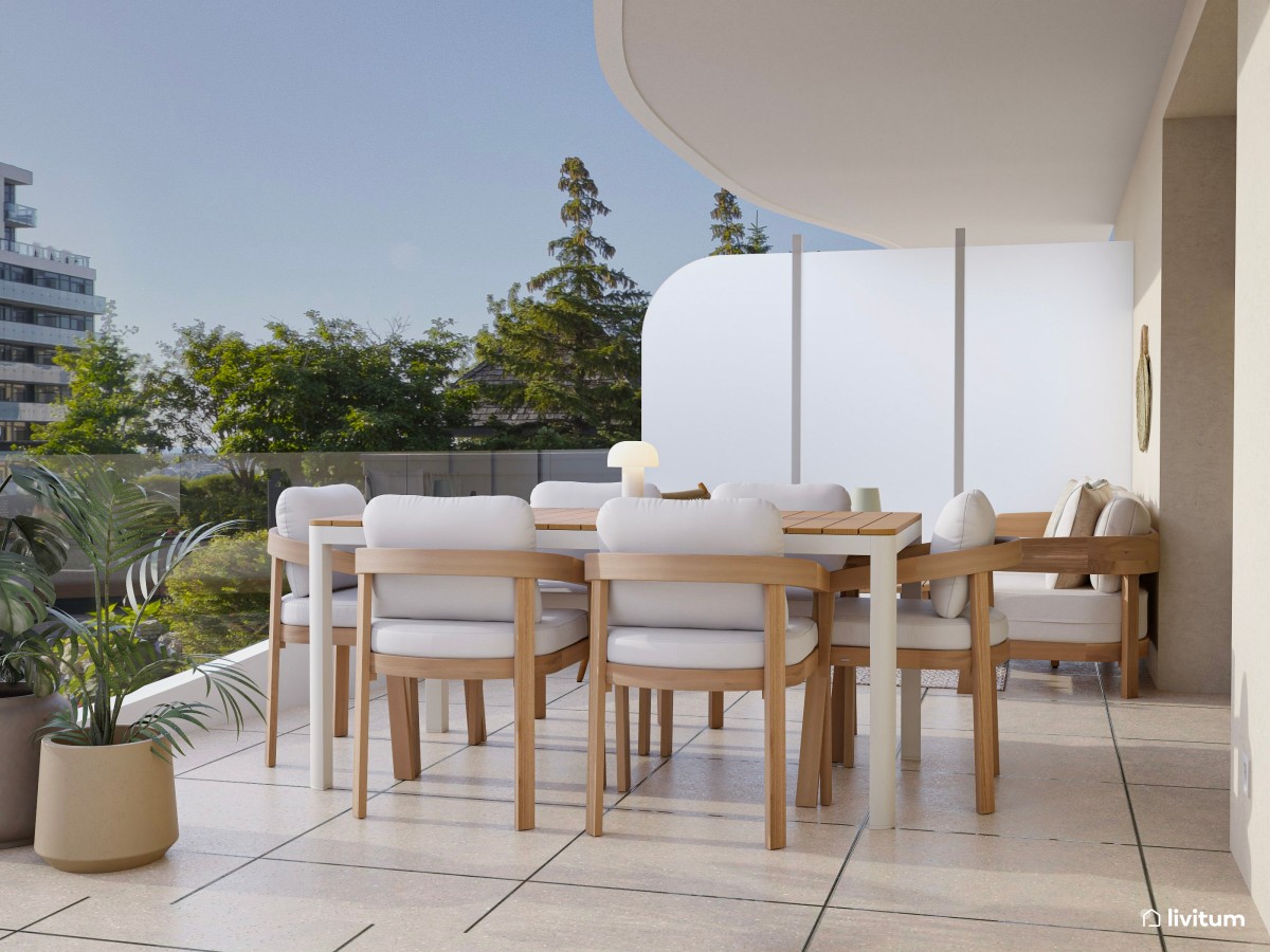 Terraza elegante diseñada con muebles en tonos claros y aires contemporáneos