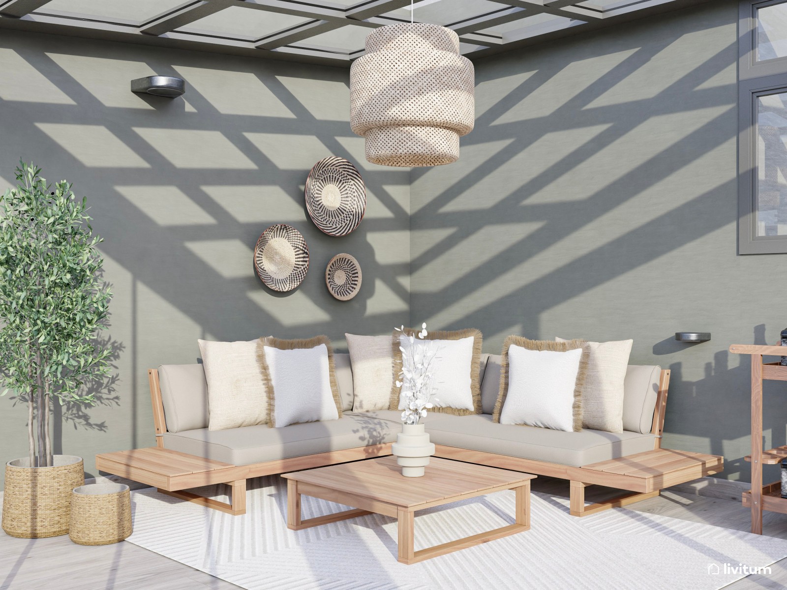  Terraza elegante en colores claros con toques bohemios 