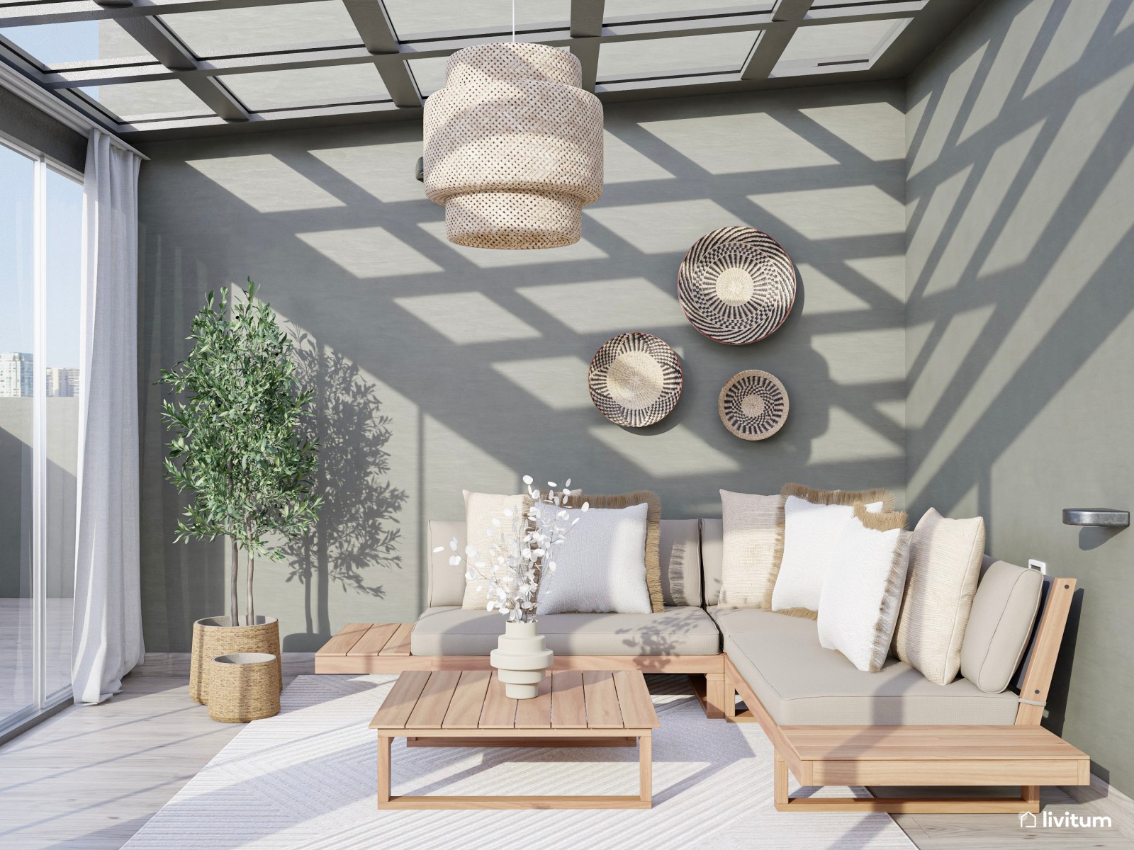  Terraza elegante en colores claros con toques bohemios 