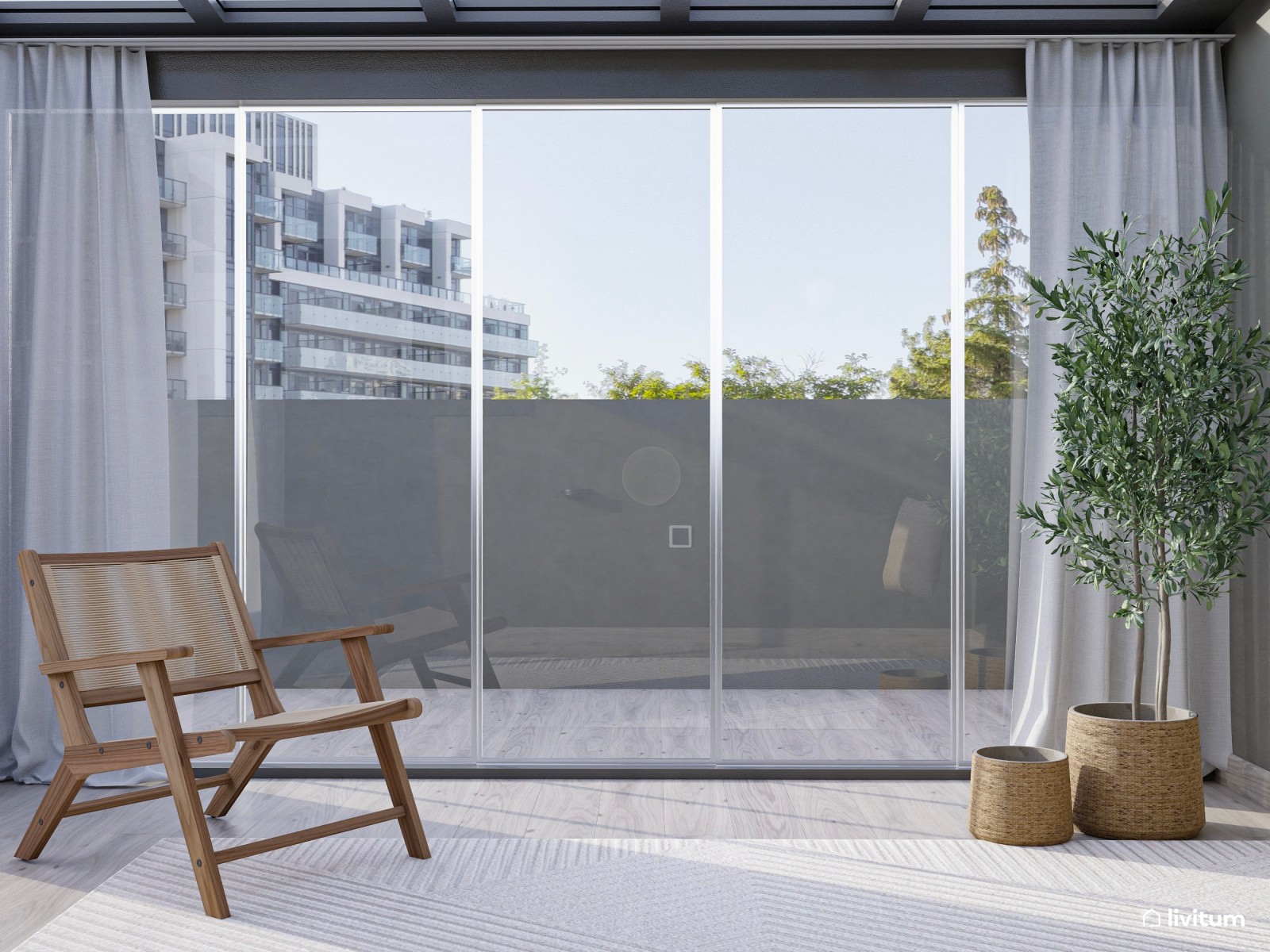  Terraza elegante en colores claros con toques bohemios 