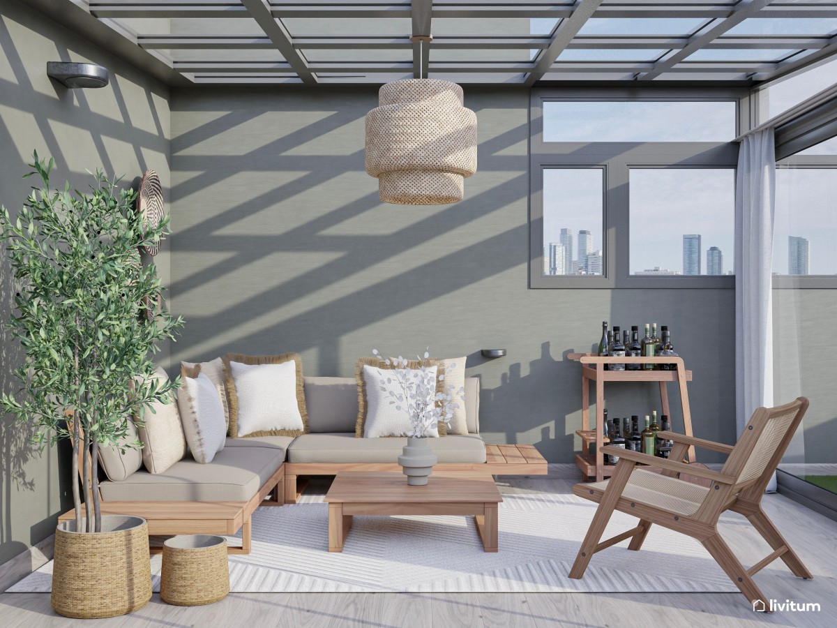 Terraza elegante en colores claros con toques bohemios