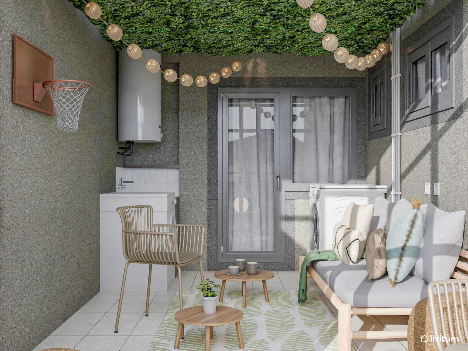 Terraza en patio interior con varias zonas y múltiples usos