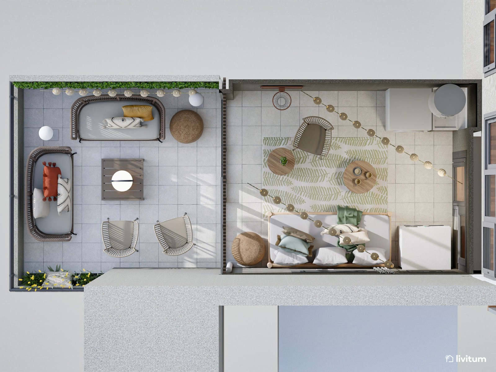 Terraza en patio interior con varias zonas y múltiples usos