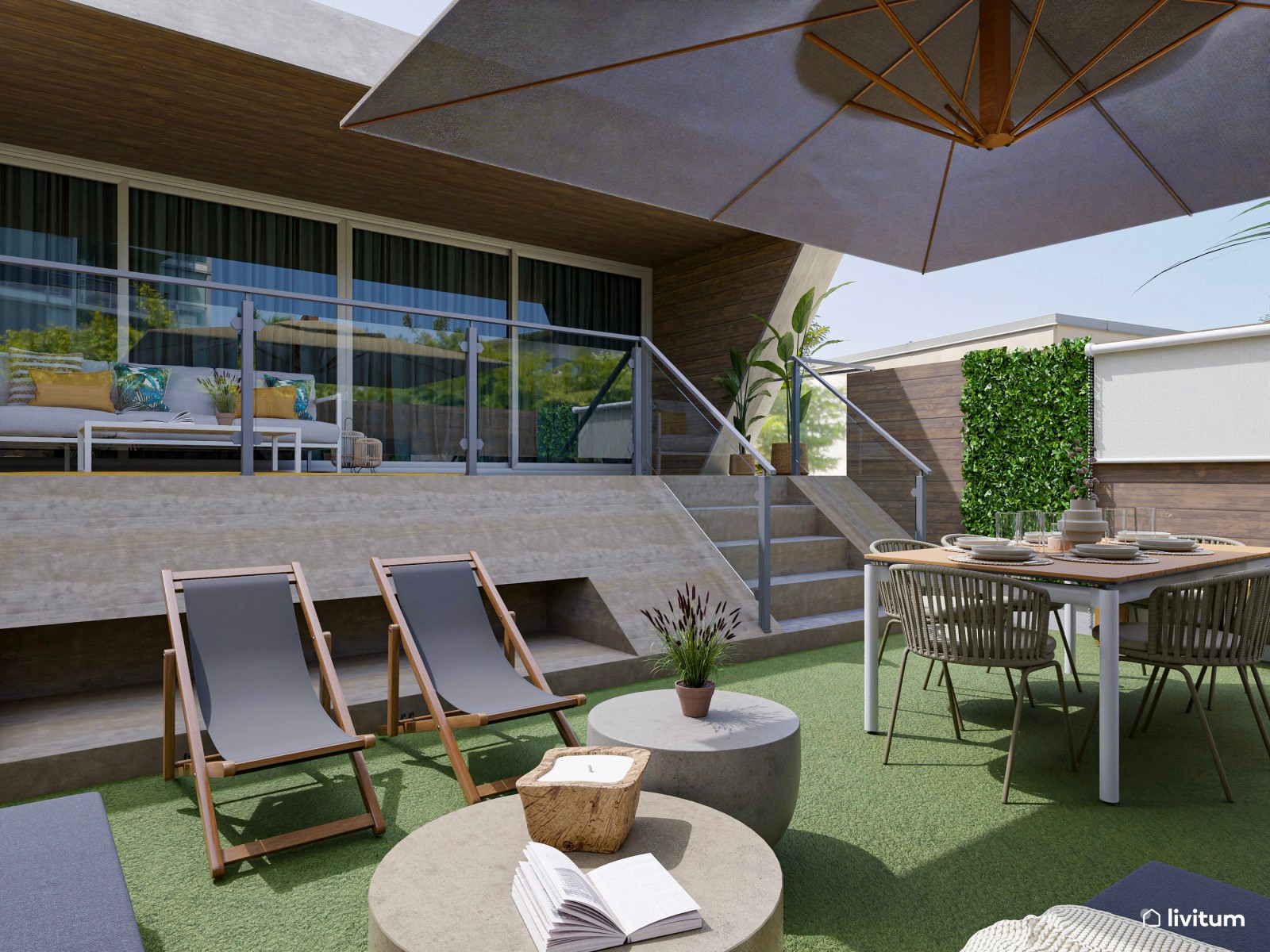 Terraza exterior con zona de barbacoa y dos zonas de descanso