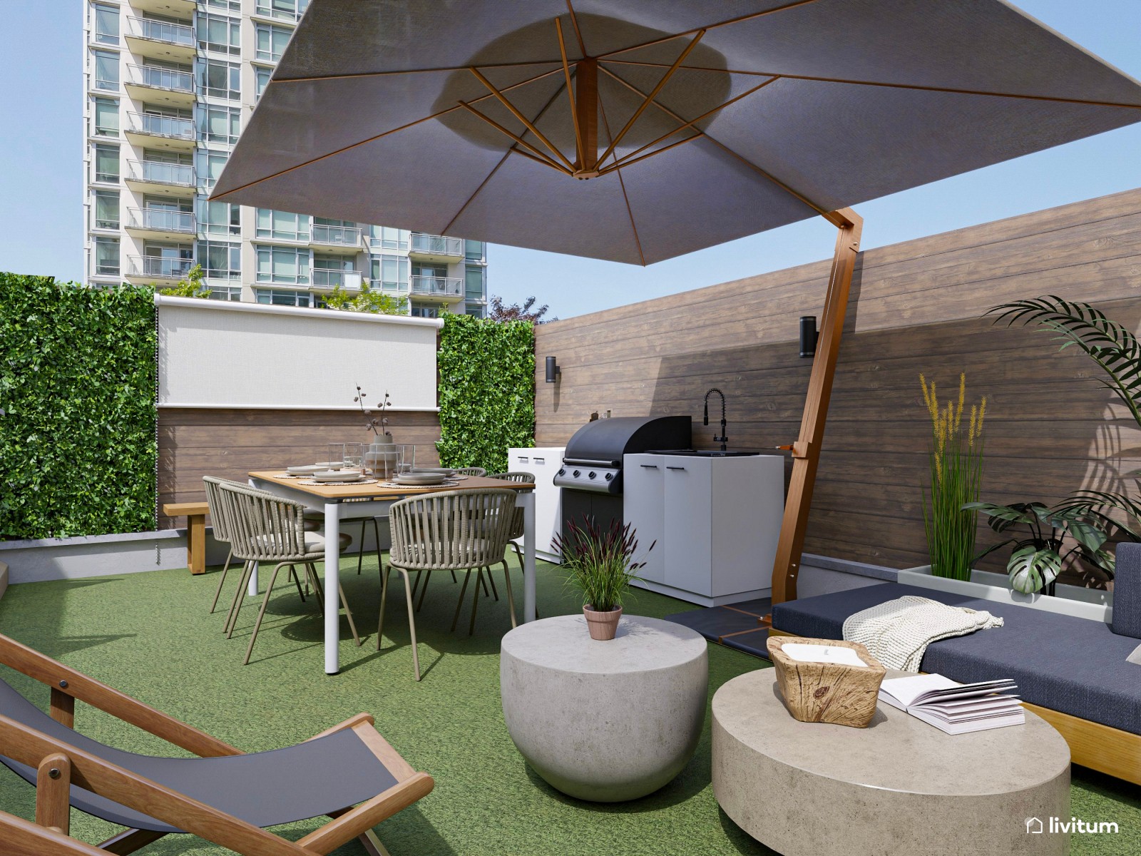 Terraza exterior con zona de barbacoa y dos zonas de descanso