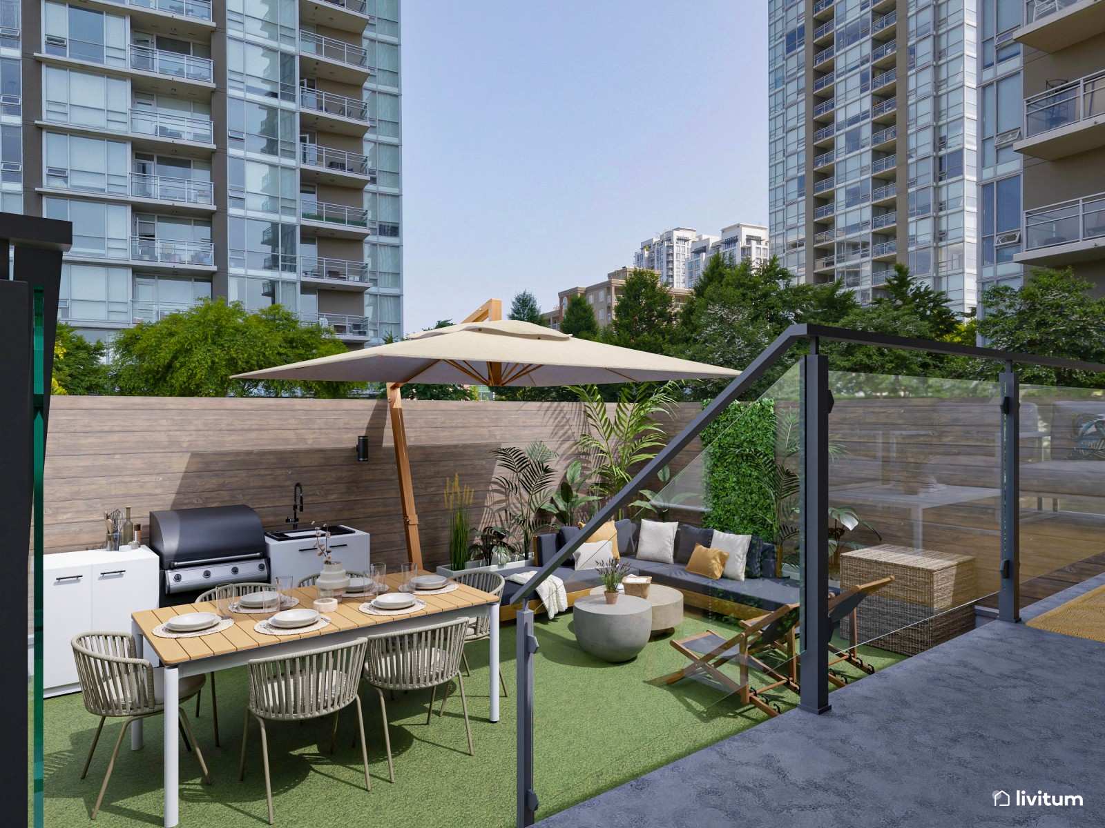 Terraza exterior con zona de barbacoa y dos zonas de descanso