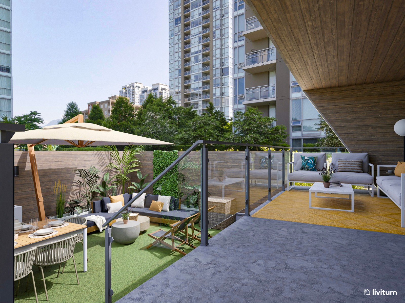 Terraza exterior con zona de barbacoa y dos zonas de descanso