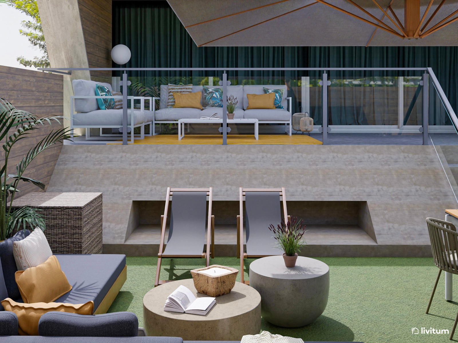 Terraza exterior con zona de barbacoa y dos zonas de descanso