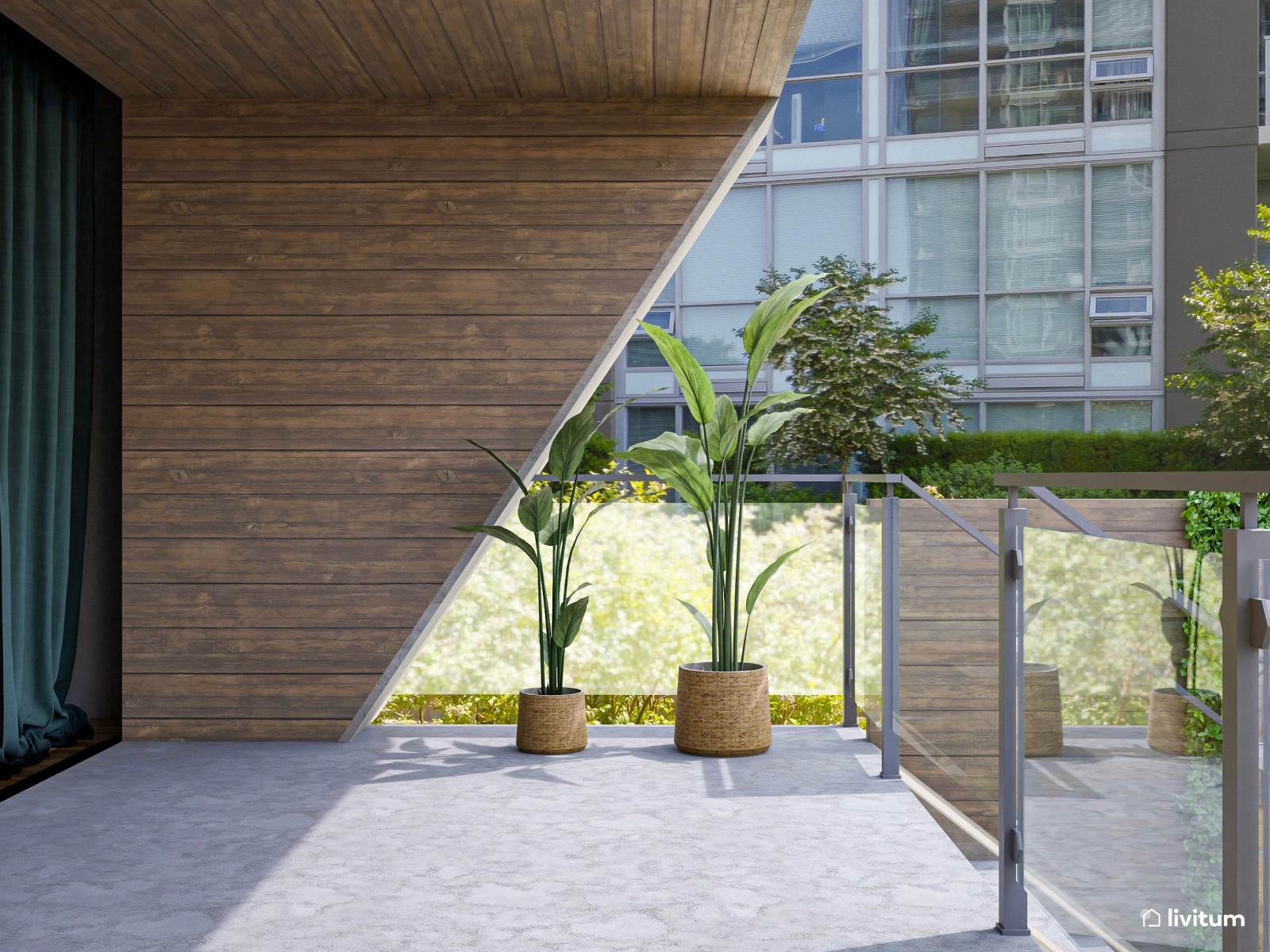 Terraza exterior con zona de barbacoa y dos zonas de descanso
